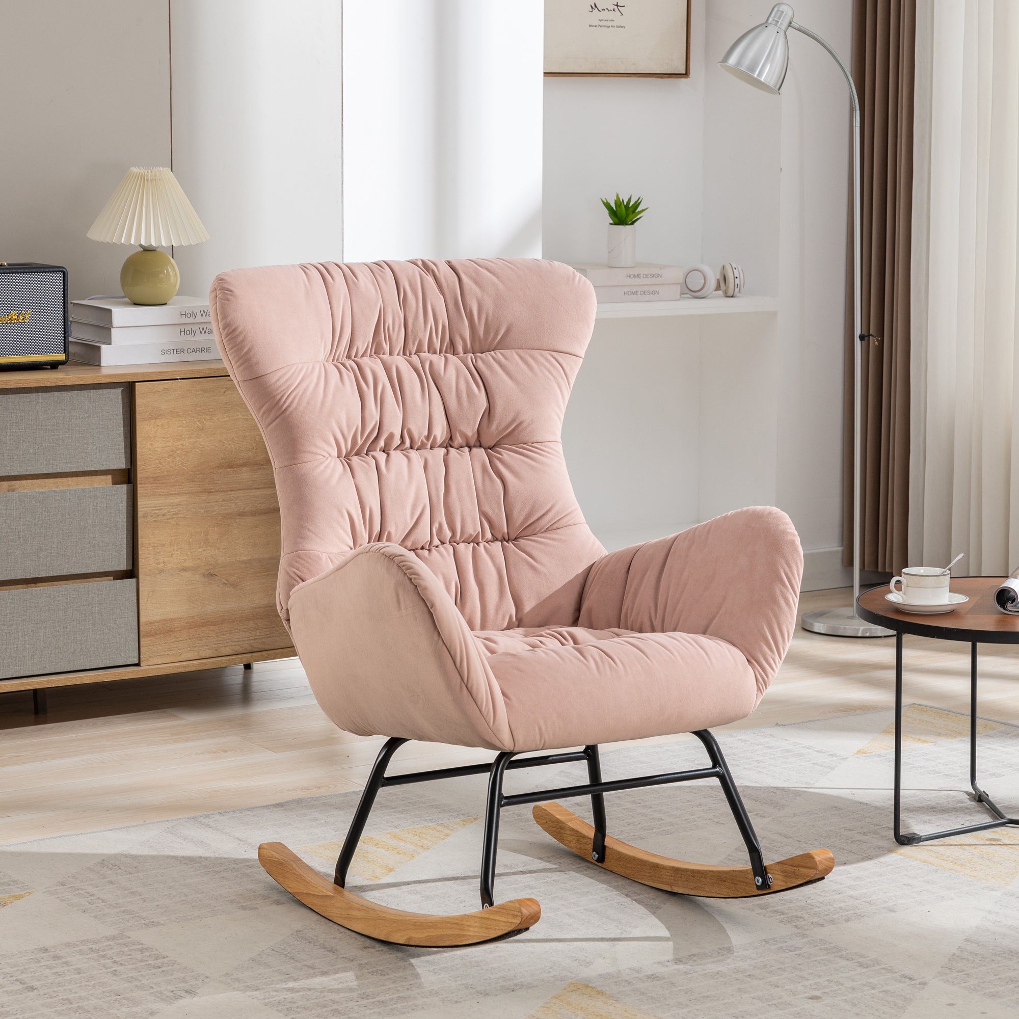 Modern Velvet Fabric Rocking Chair Accent Armchair with Wooden Legs- Pink_20