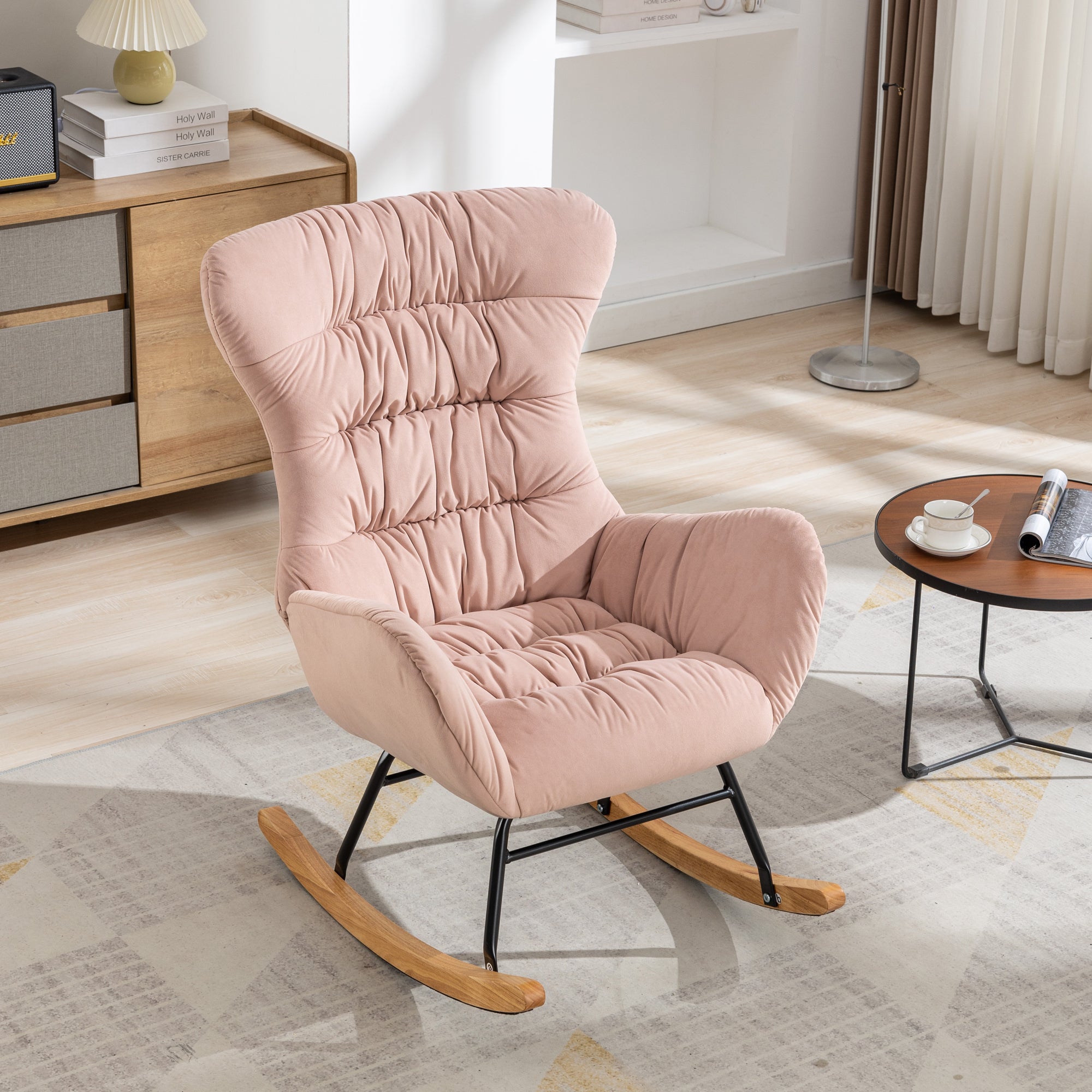 Modern Velvet Fabric Rocking Chair Accent Armchair with Wooden Legs- Pink_21