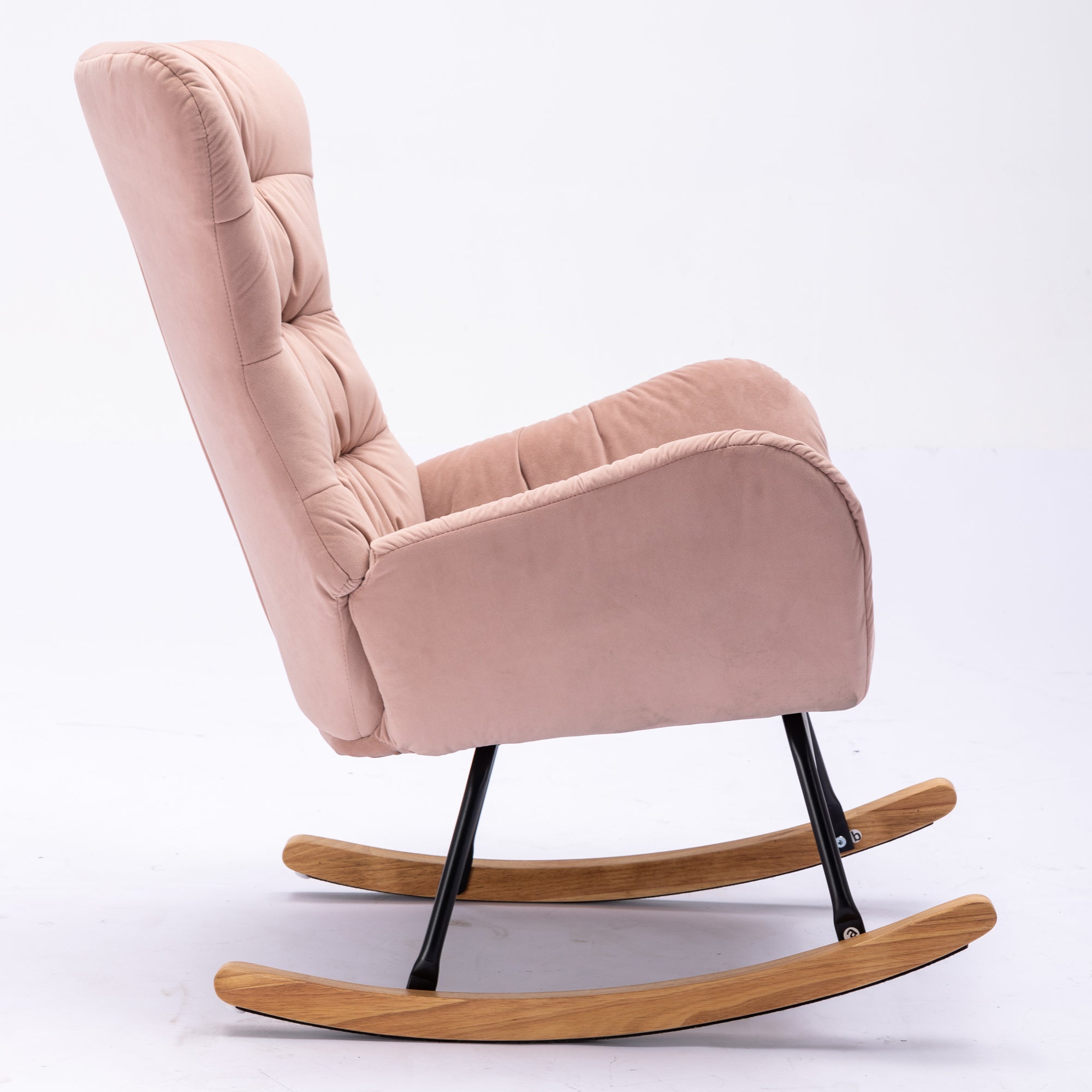 Modern Velvet Fabric Rocking Chair Accent Armchair with Wooden Legs- Pink_9