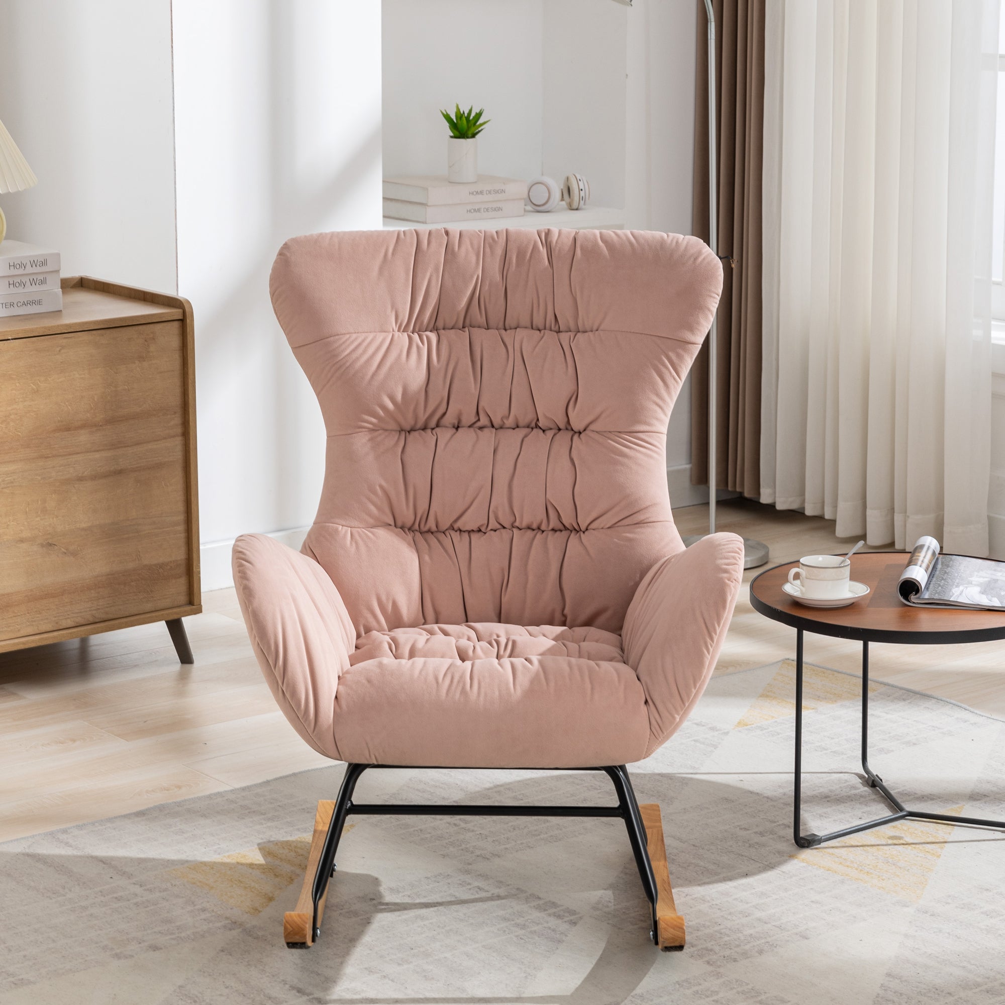 Modern Velvet Fabric Rocking Chair Accent Armchair with Wooden Legs- Pink_10