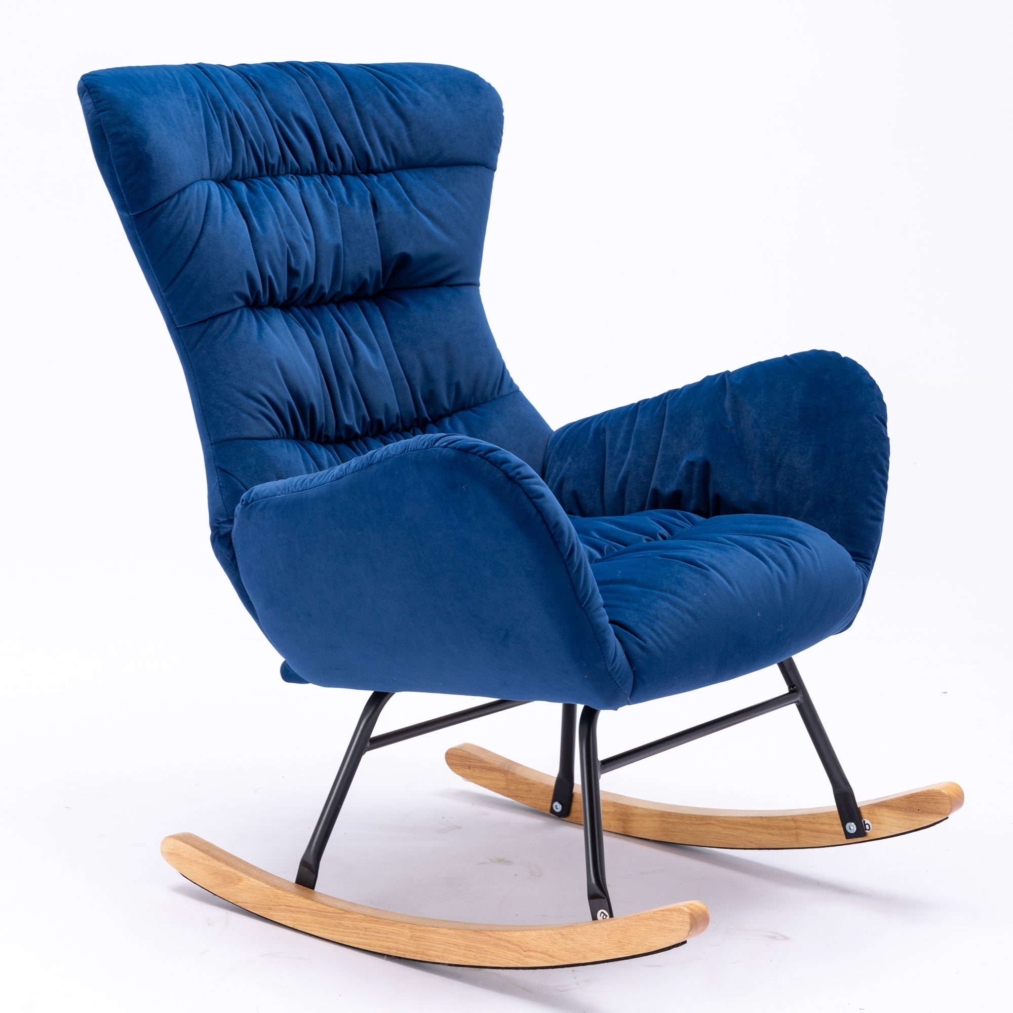 Modern Velvet Fabric Rocking Chair Accent Armchair with Wooden Legs- Blue_12