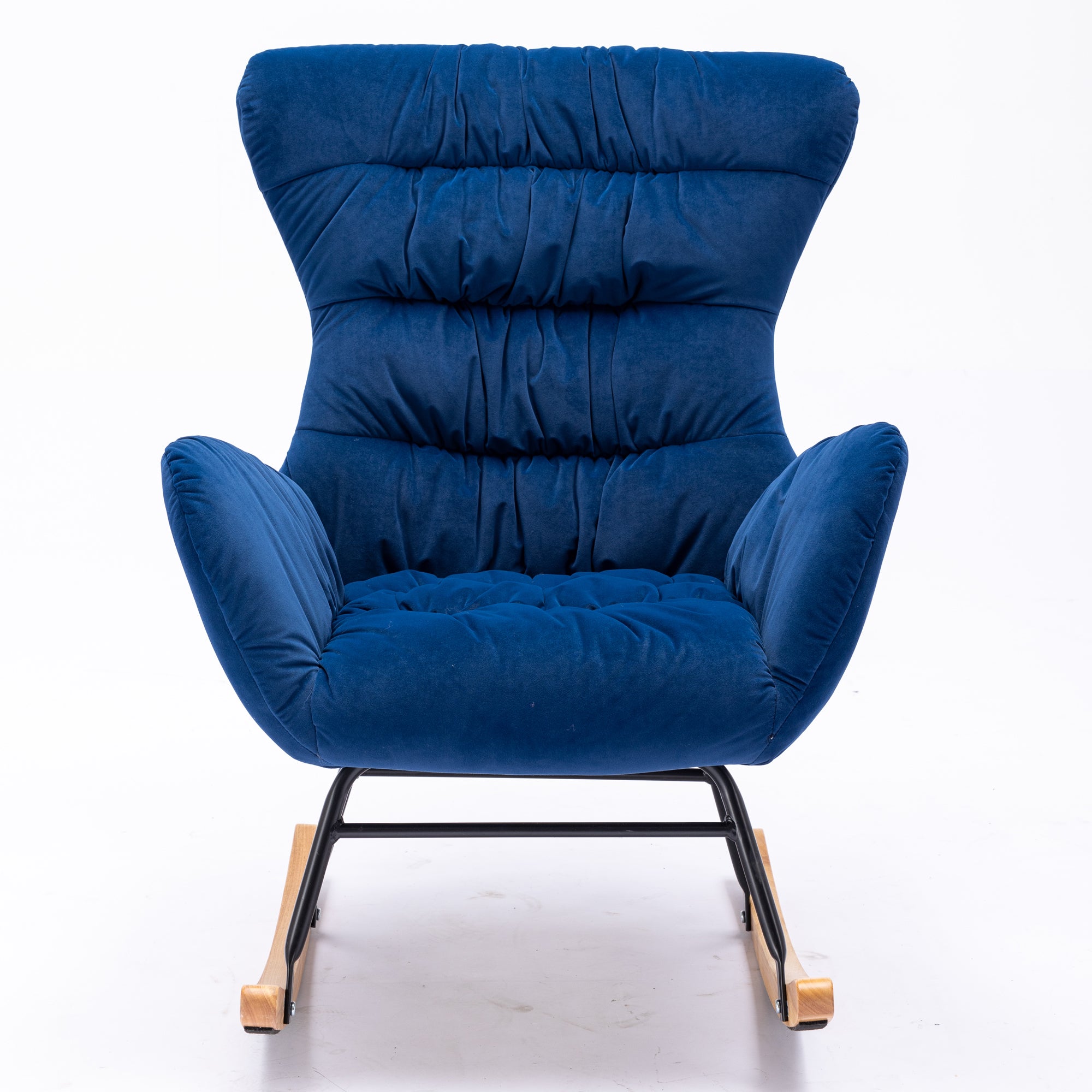 Modern Velvet Fabric Rocking Chair Accent Armchair with Wooden Legs- Blue_14
