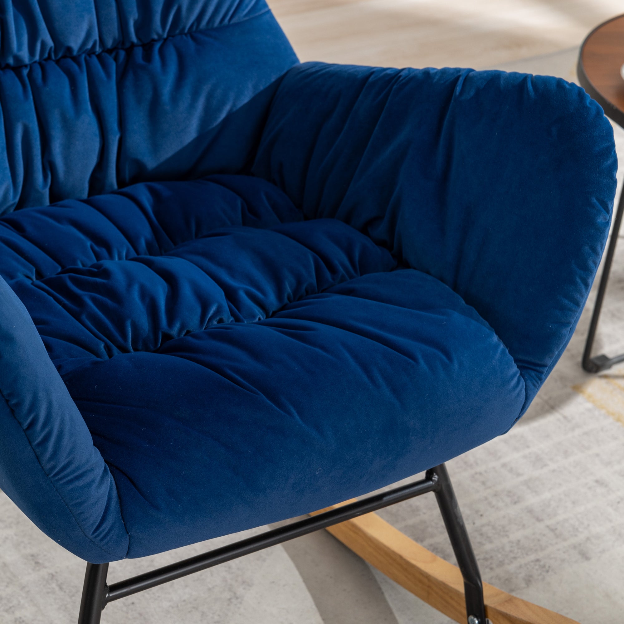 Modern Velvet Fabric Rocking Chair Accent Armchair with Wooden Legs- Blue_15