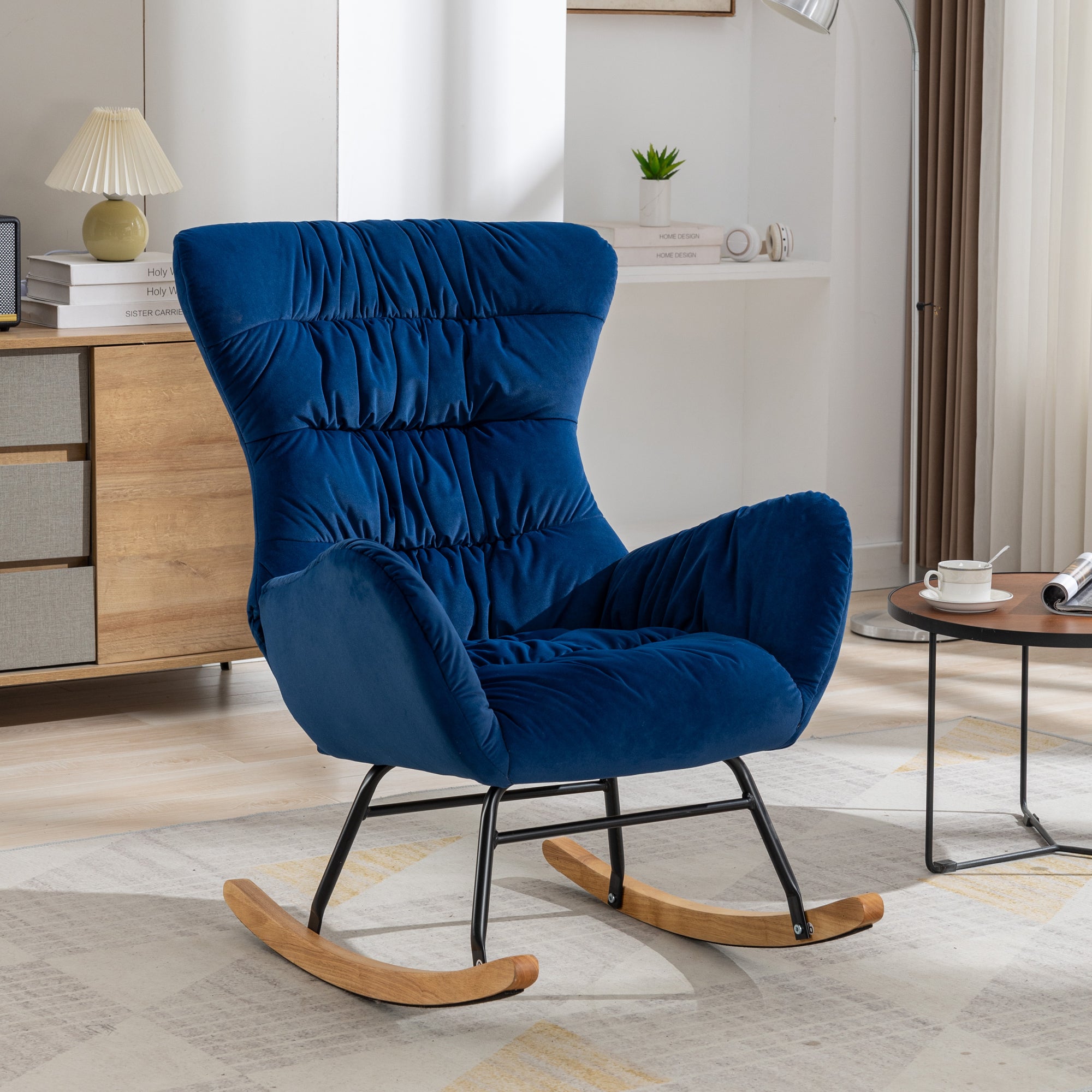Modern Velvet Fabric Rocking Chair Accent Armchair with Wooden Legs- Blue_19