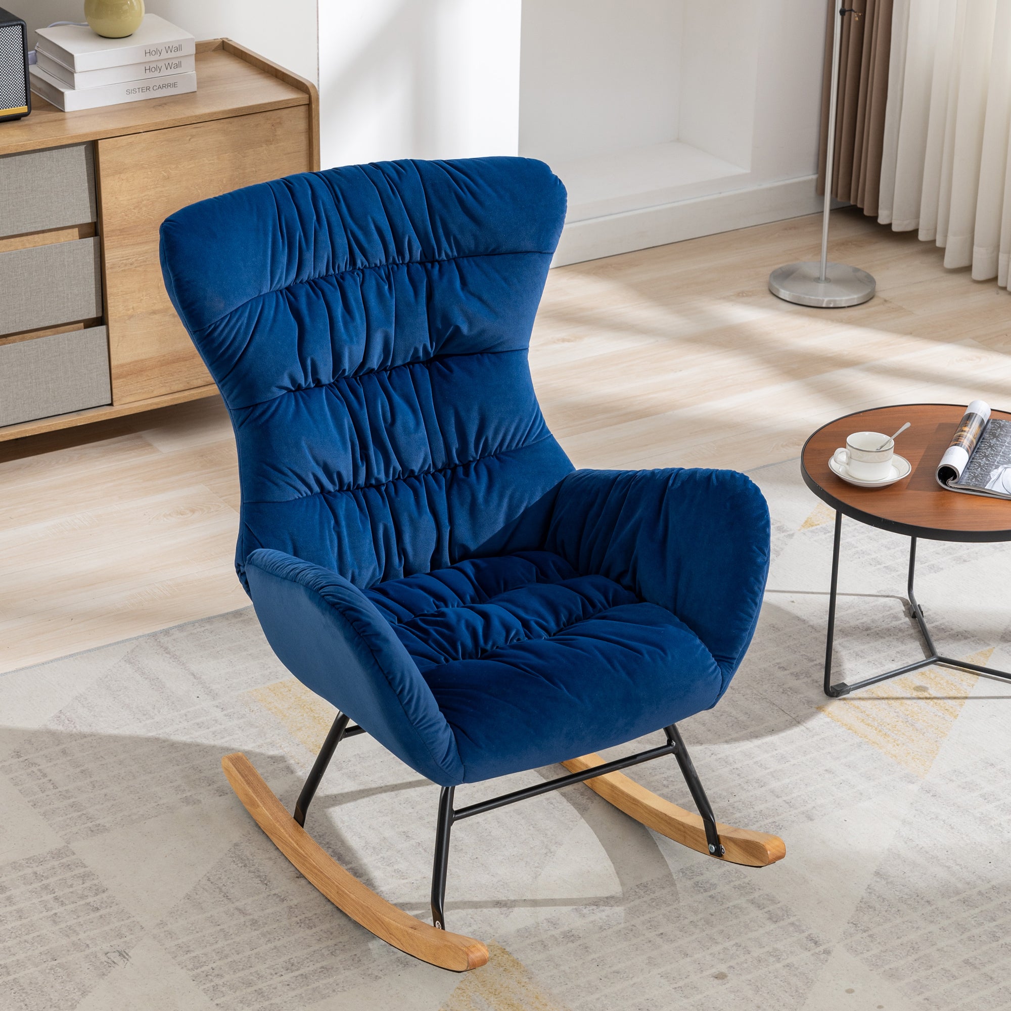 Modern Velvet Fabric Rocking Chair Accent Armchair with Wooden Legs- Blue_20