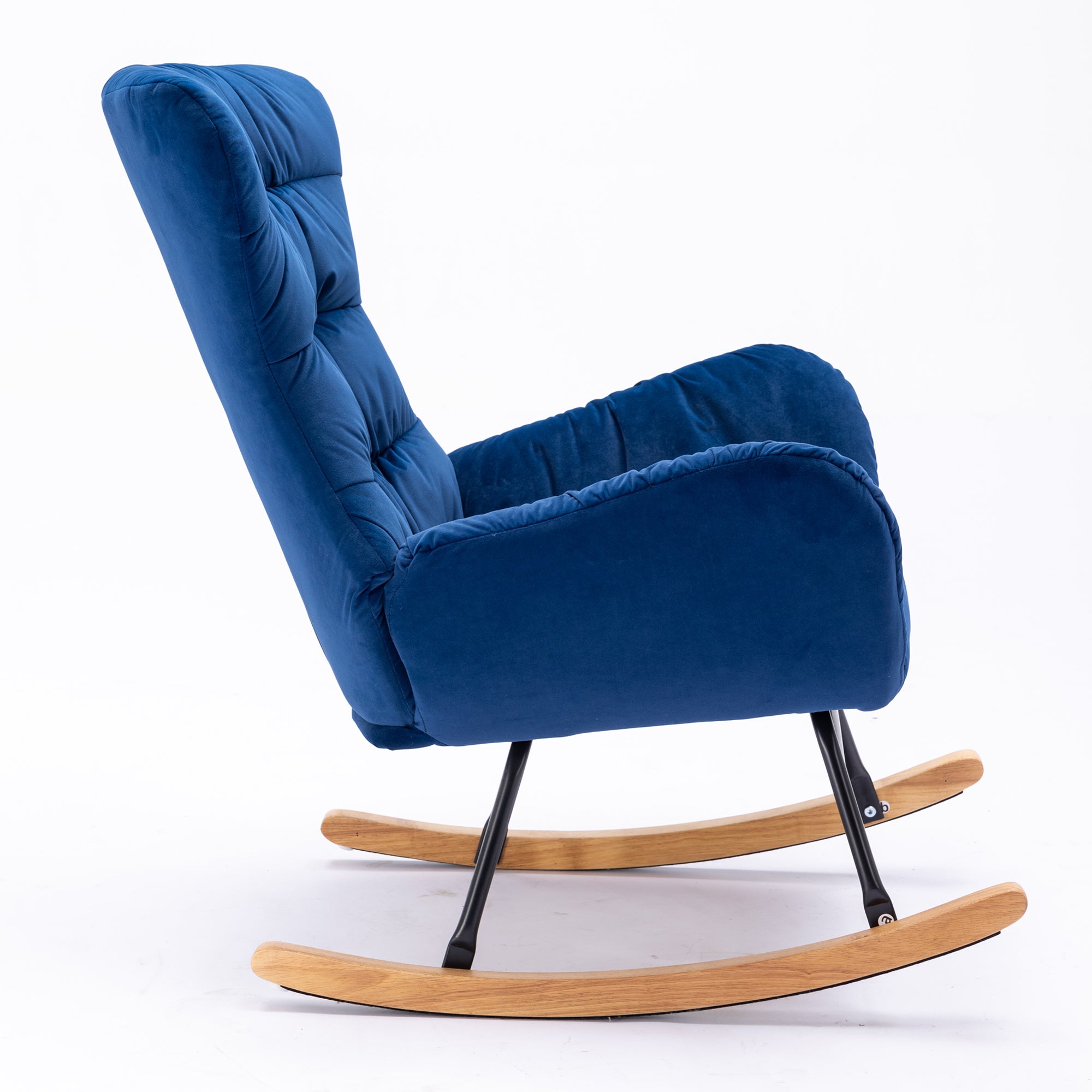 Modern Velvet Fabric Rocking Chair Accent Armchair with Wooden Legs- Blue_8