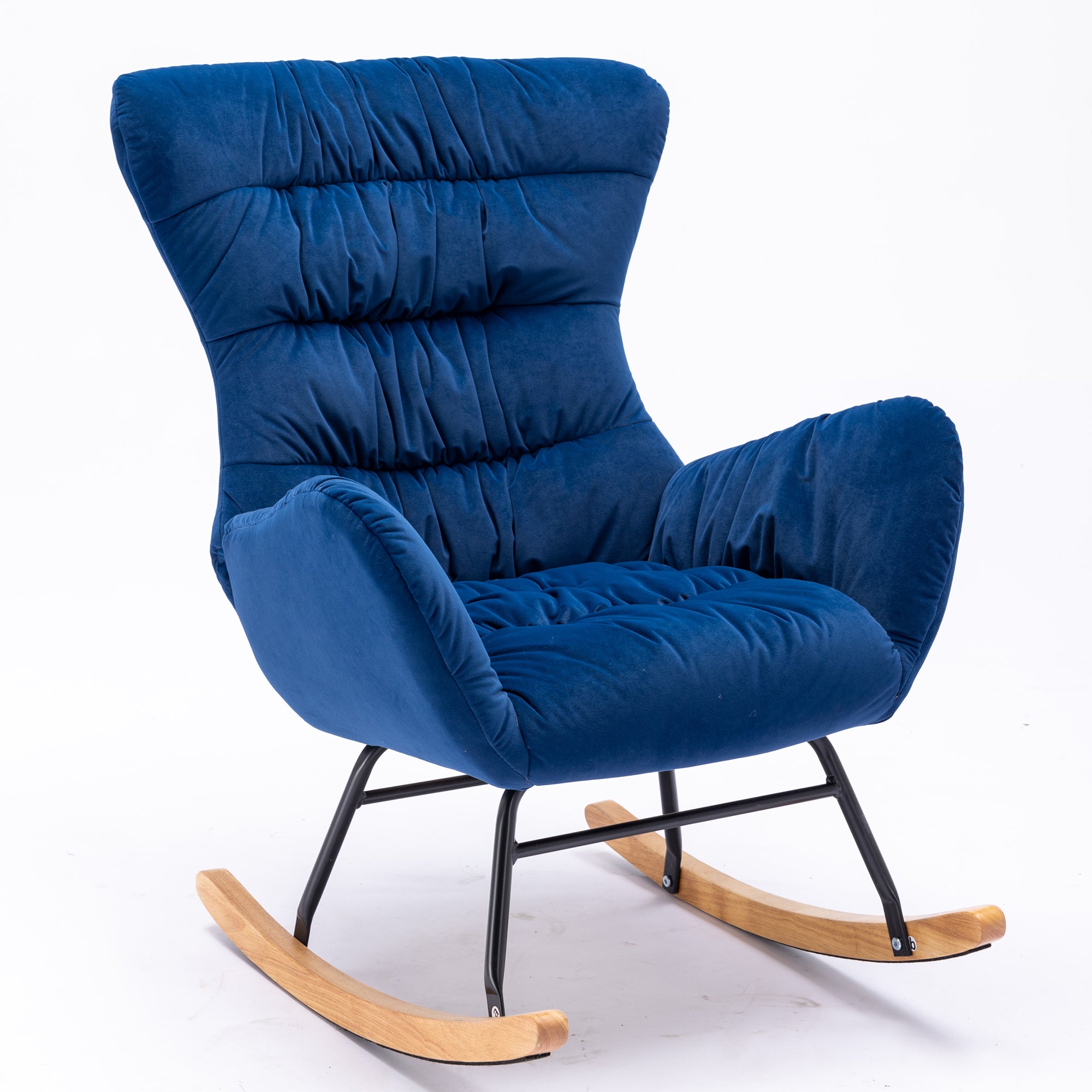 Modern Velvet Fabric Rocking Chair Accent Armchair with Wooden Legs- Blue_9