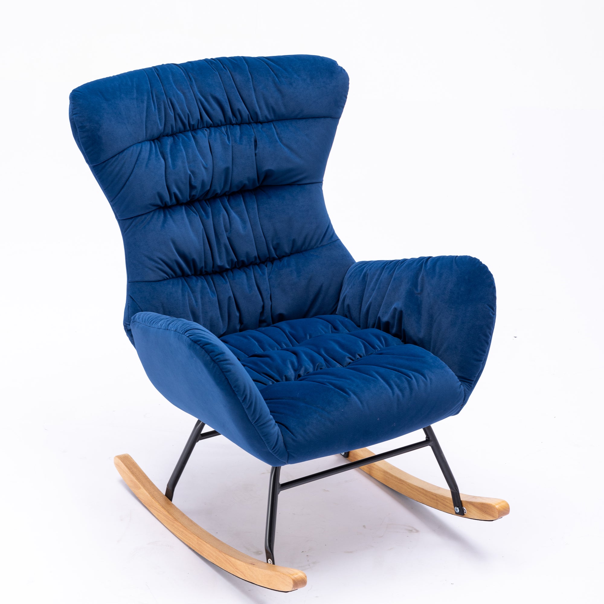 Modern Velvet Fabric Rocking Chair Accent Armchair with Wooden Legs- Blue_11