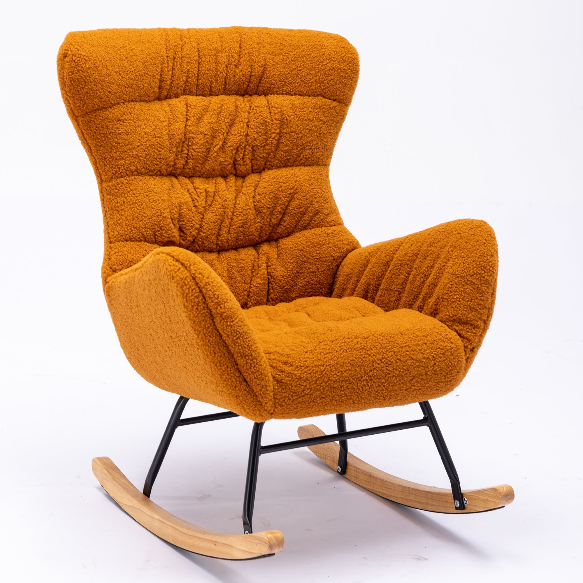 Modern Teddy Fabric Rocking Chair Accent Armchair with Wooden Legs- Caramel_11