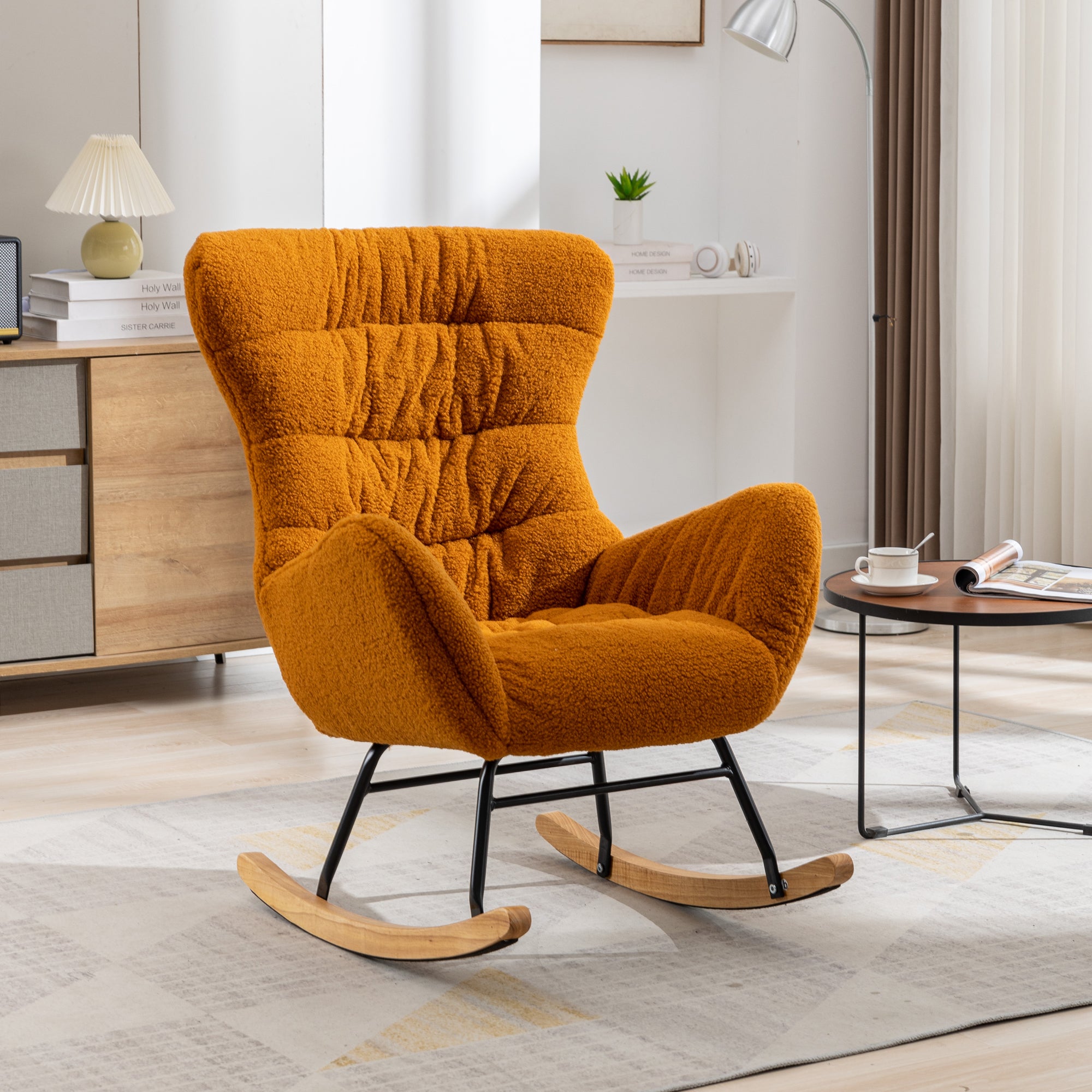 Modern Teddy Fabric Rocking Chair Accent Armchair with Wooden Legs- Caramel_13
