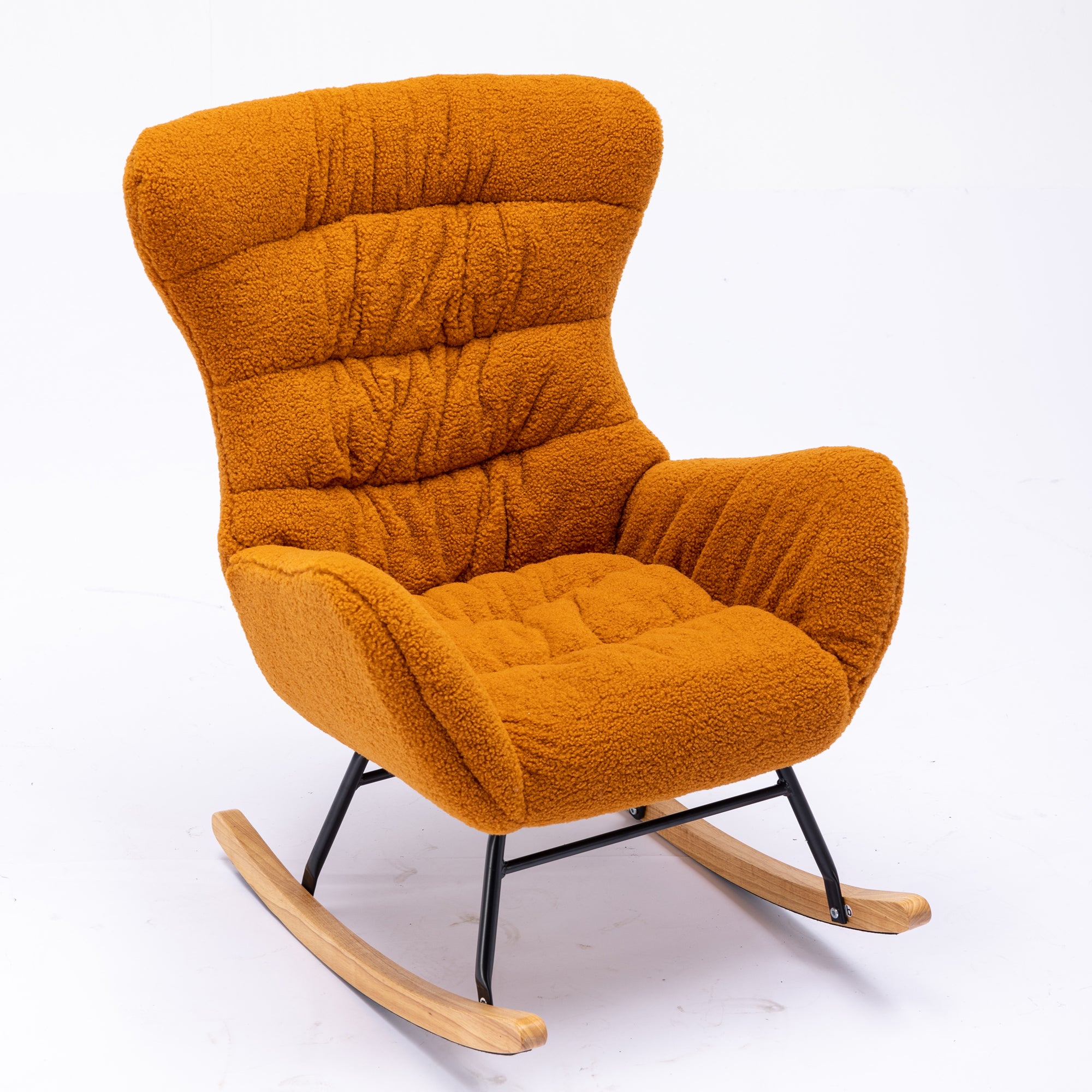 Modern Teddy Fabric Rocking Chair Accent Armchair with Wooden Legs- Caramel_14