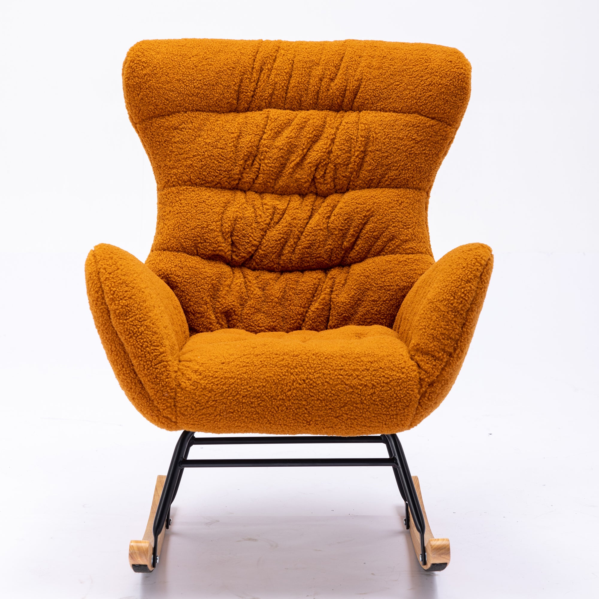 Modern Teddy Fabric Rocking Chair Accent Armchair with Wooden Legs- Caramel_15