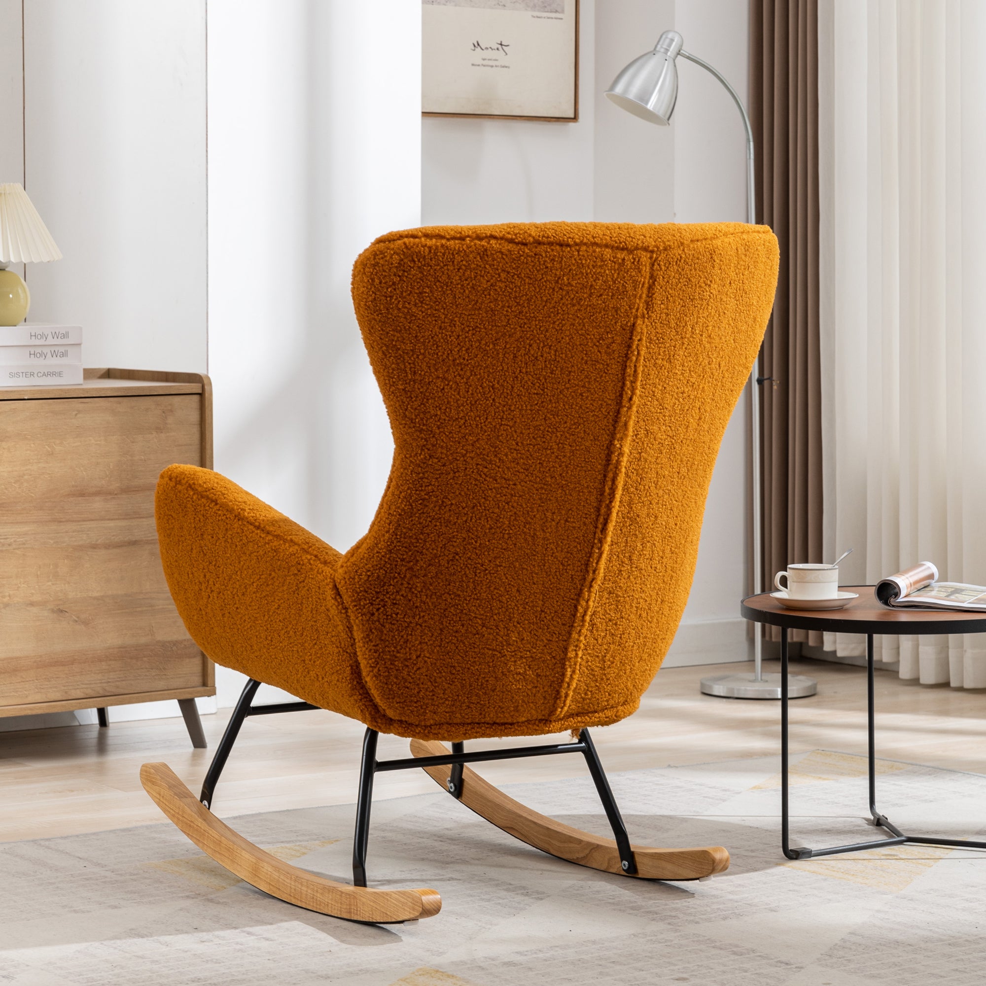 Modern Teddy Fabric Rocking Chair Accent Armchair with Wooden Legs- Caramel_18