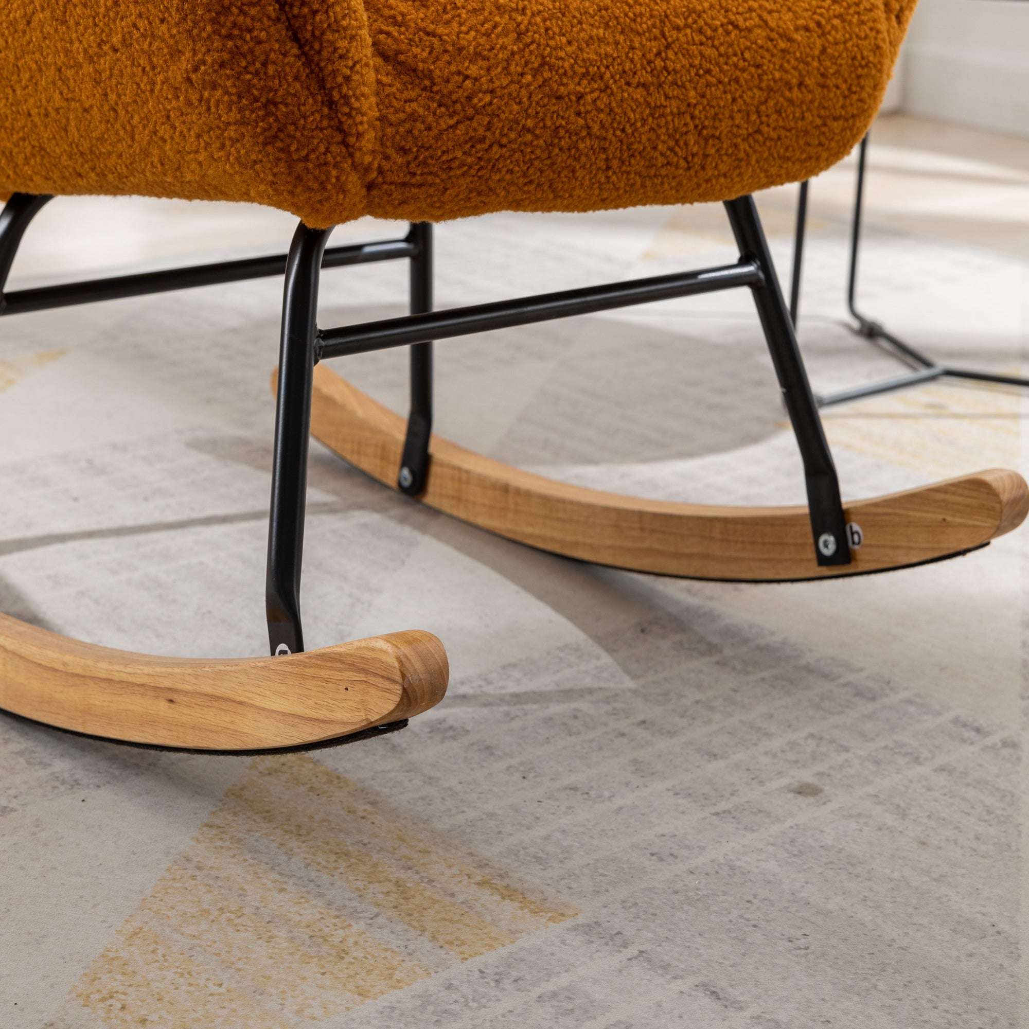 Modern Teddy Fabric Rocking Chair Accent Armchair with Wooden Legs- Caramel_20