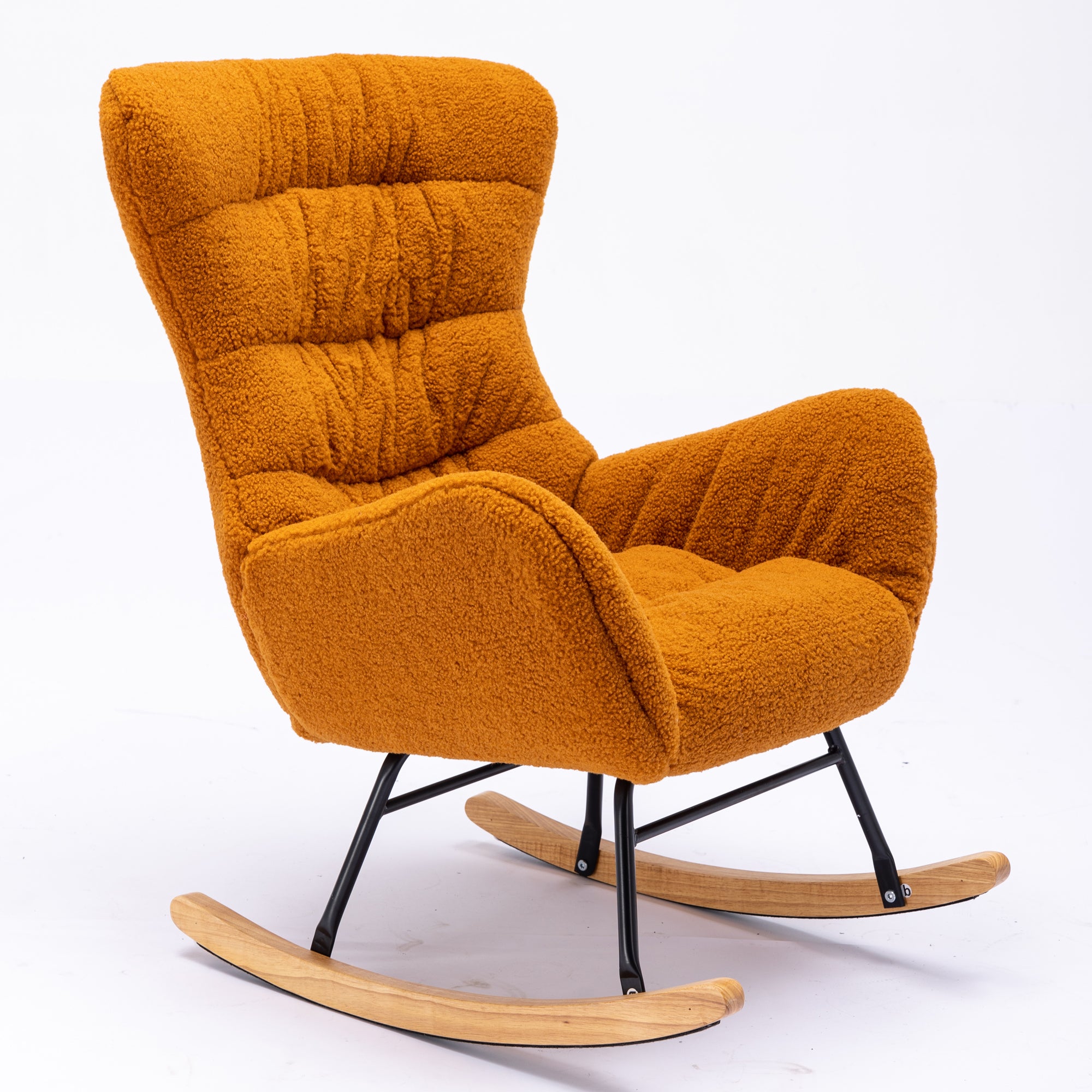 Modern Teddy Fabric Rocking Chair Accent Armchair with Wooden Legs- Caramel_10