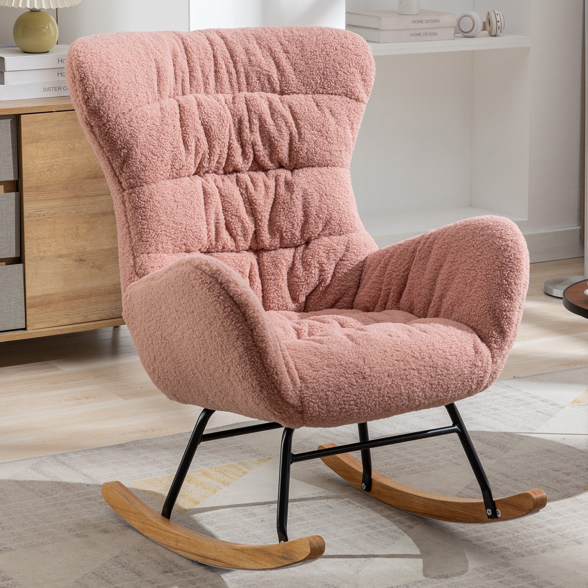 Modern Teddy Fabric Rocking Chair Accent Armchair with Wooden Legs- Pink_2