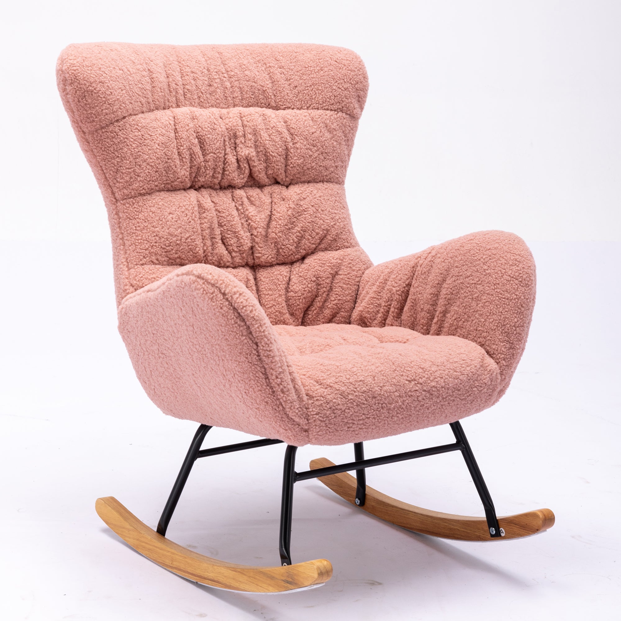 Modern Teddy Fabric Rocking Chair Accent Armchair with Wooden Legs- Pink_11