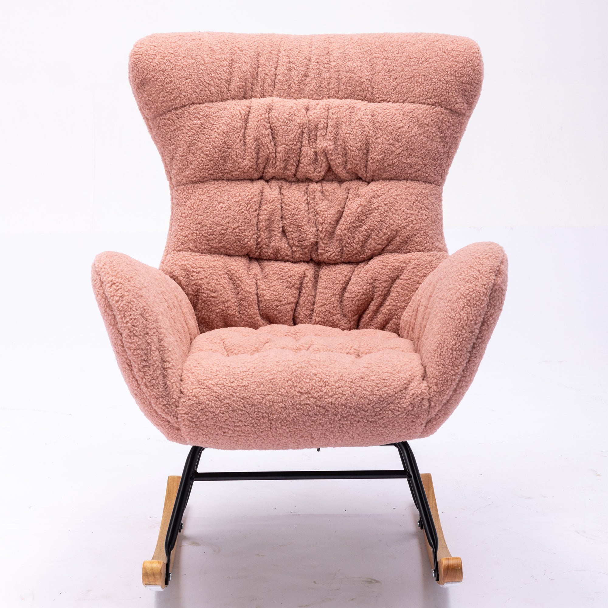 Modern Teddy Fabric Rocking Chair Accent Armchair with Wooden Legs- Pink_12