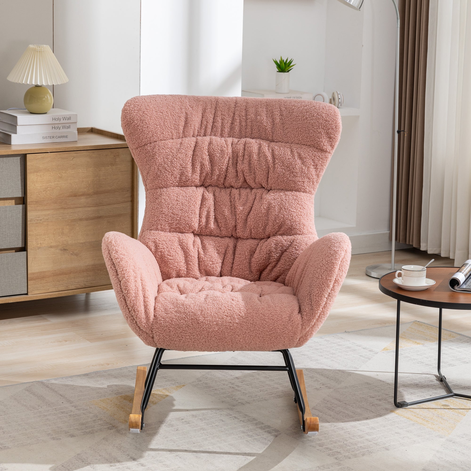 Modern Teddy Fabric Rocking Chair Accent Armchair with Wooden Legs- Pink_13