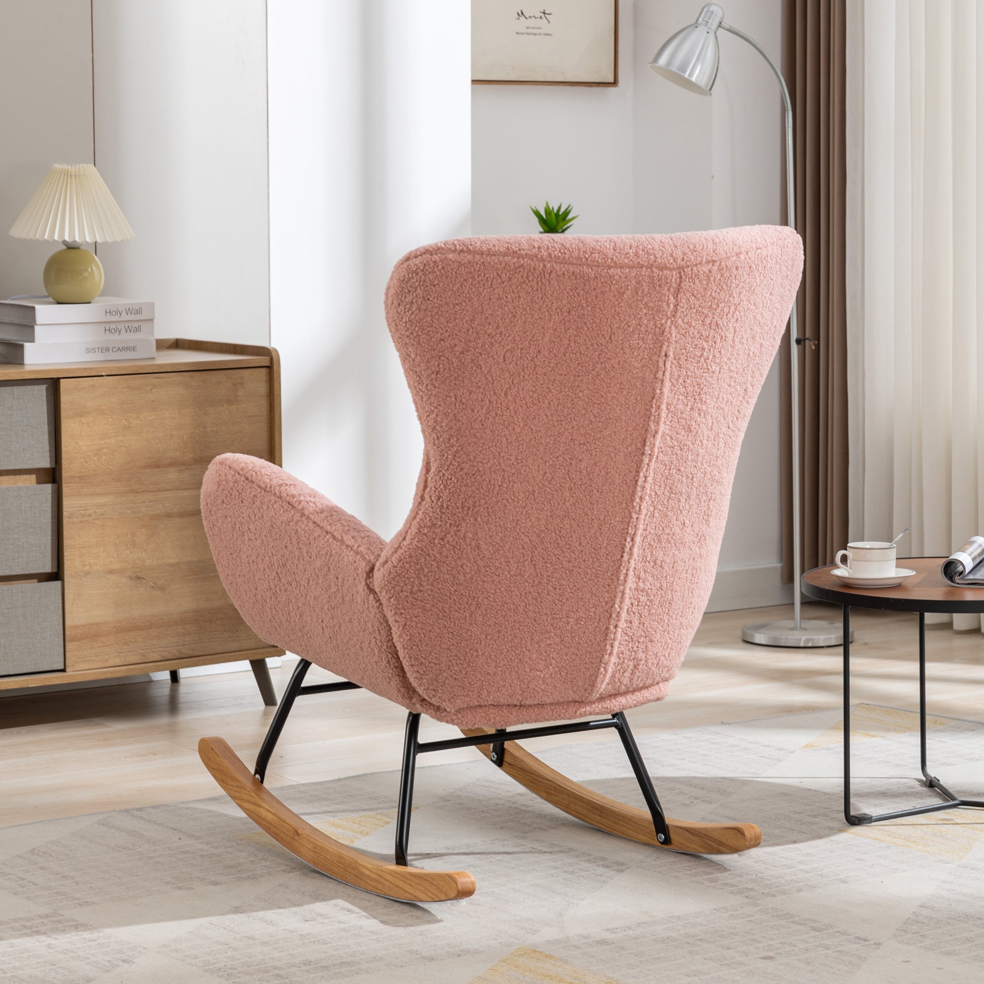 Modern Teddy Fabric Rocking Chair Accent Armchair with Wooden Legs- Pink_14