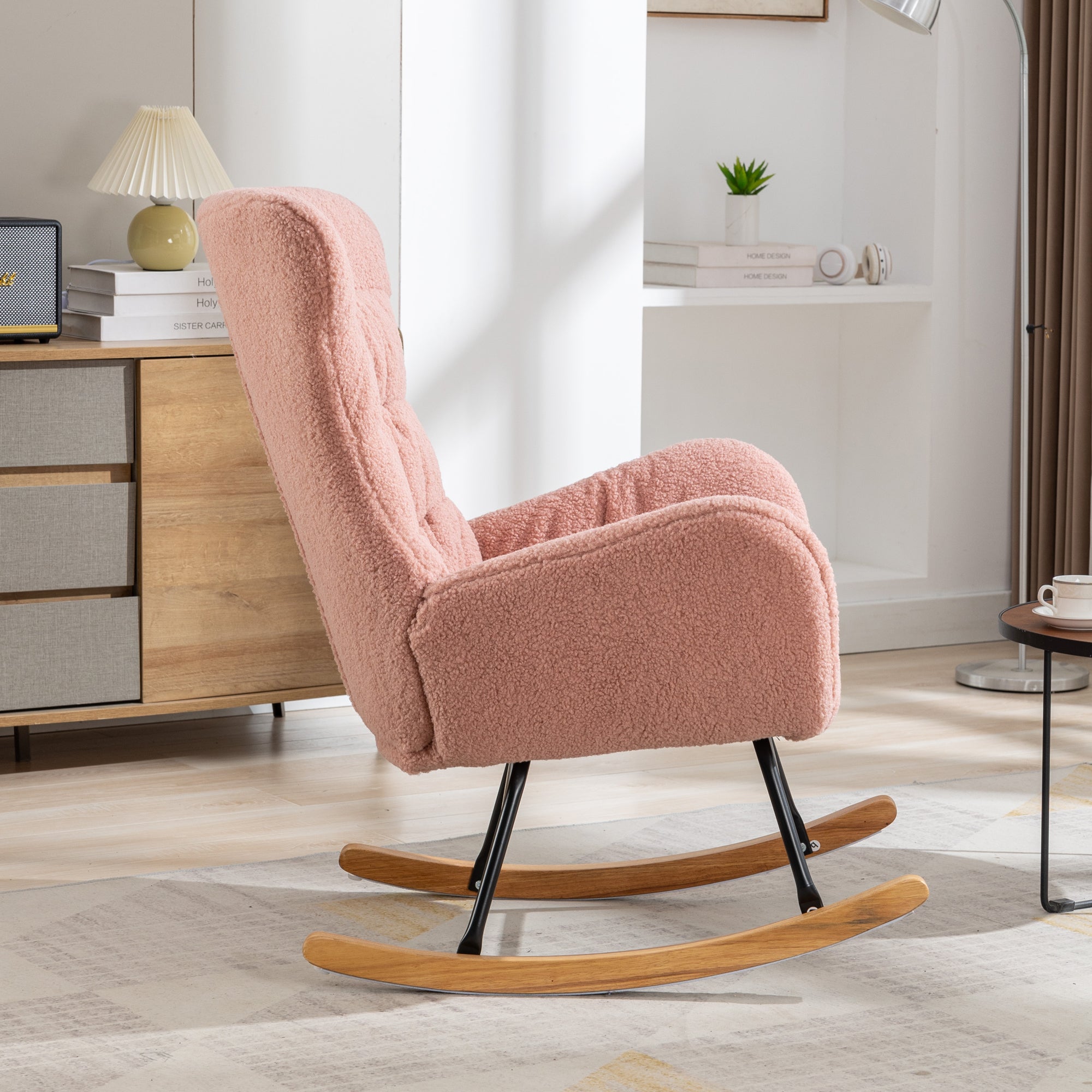 Modern Teddy Fabric Rocking Chair Accent Armchair with Wooden Legs- Pink_16