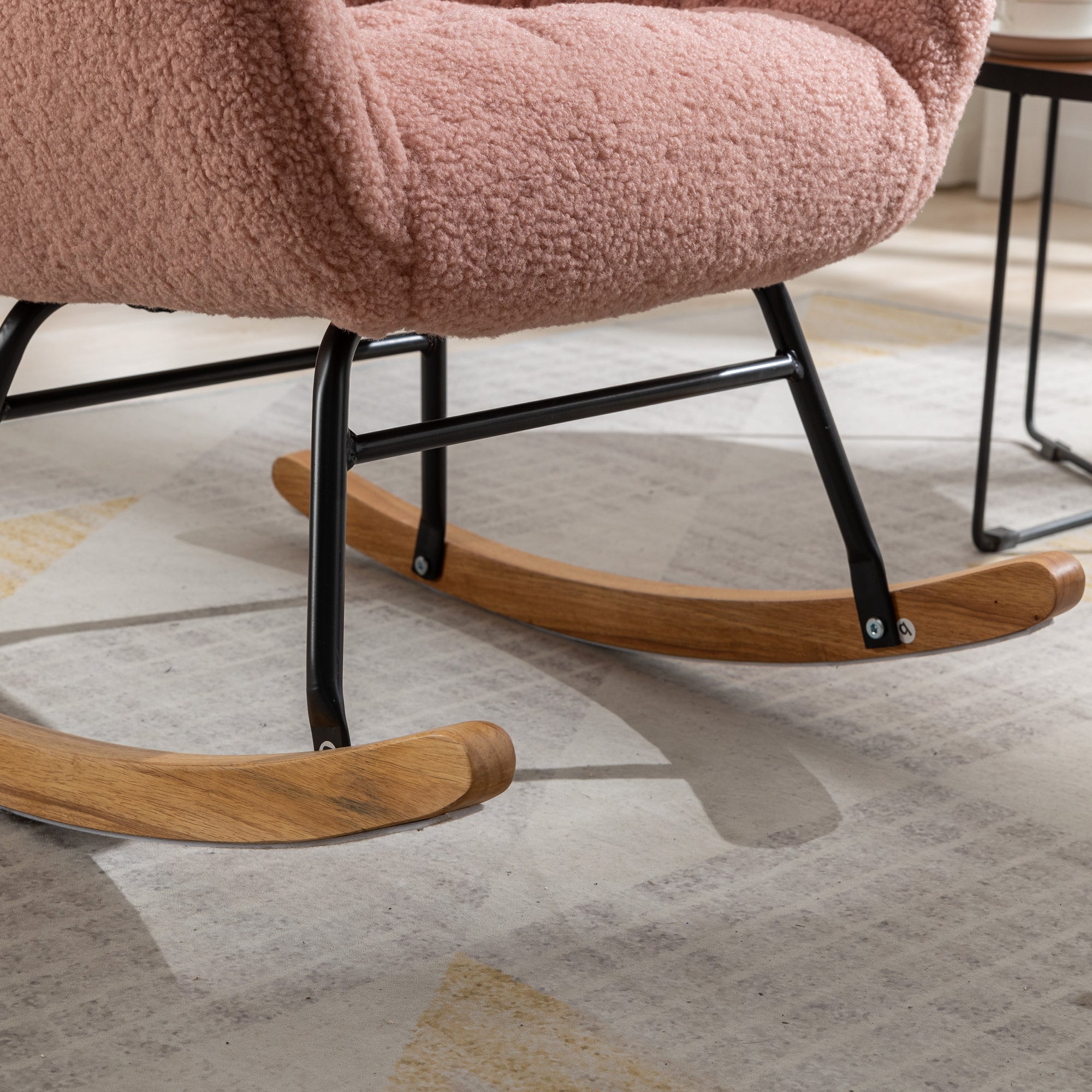 Modern Teddy Fabric Rocking Chair Accent Armchair with Wooden Legs- Pink_17