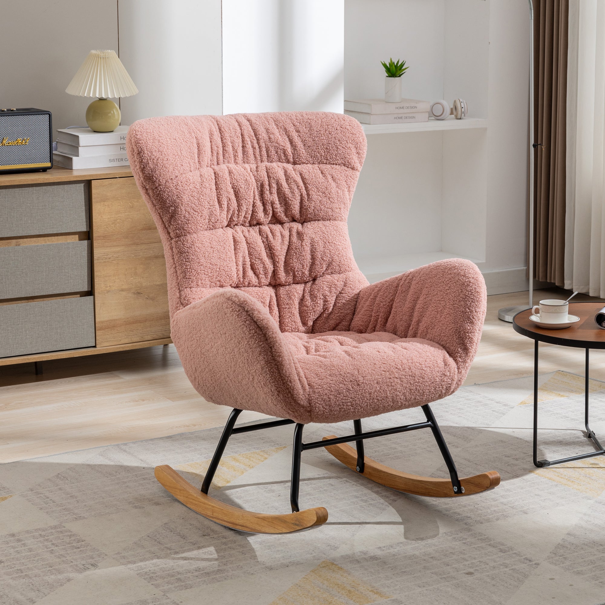 Modern Teddy Fabric Rocking Chair Accent Armchair with Wooden Legs- Pink_19