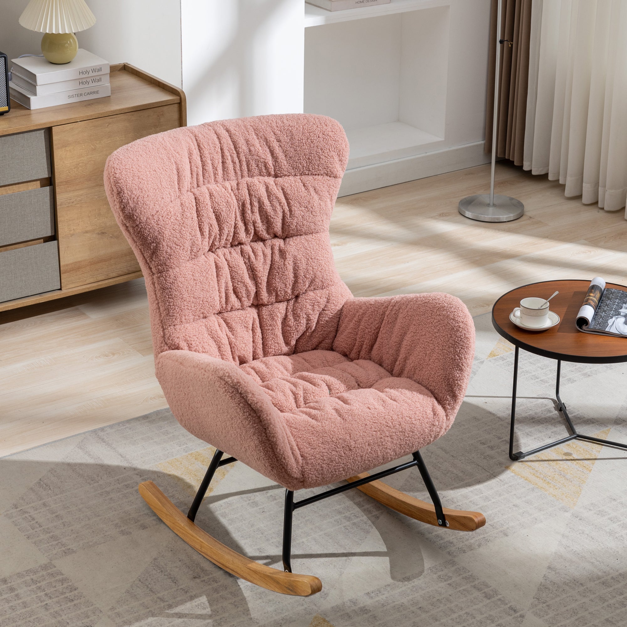 Modern Teddy Fabric Rocking Chair Accent Armchair with Wooden Legs- Pink_20