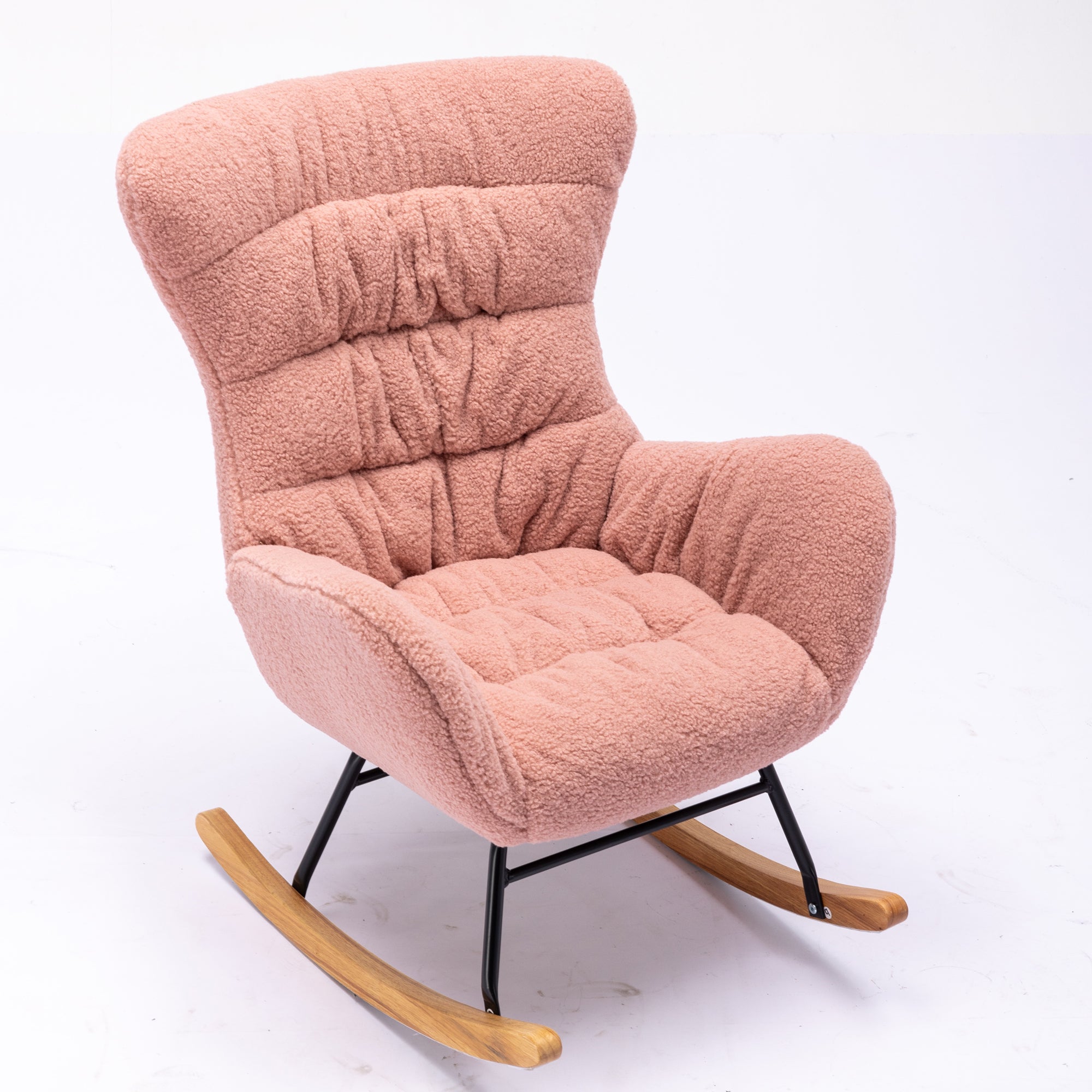 Modern Teddy Fabric Rocking Chair Accent Armchair with Wooden Legs- Pink_9