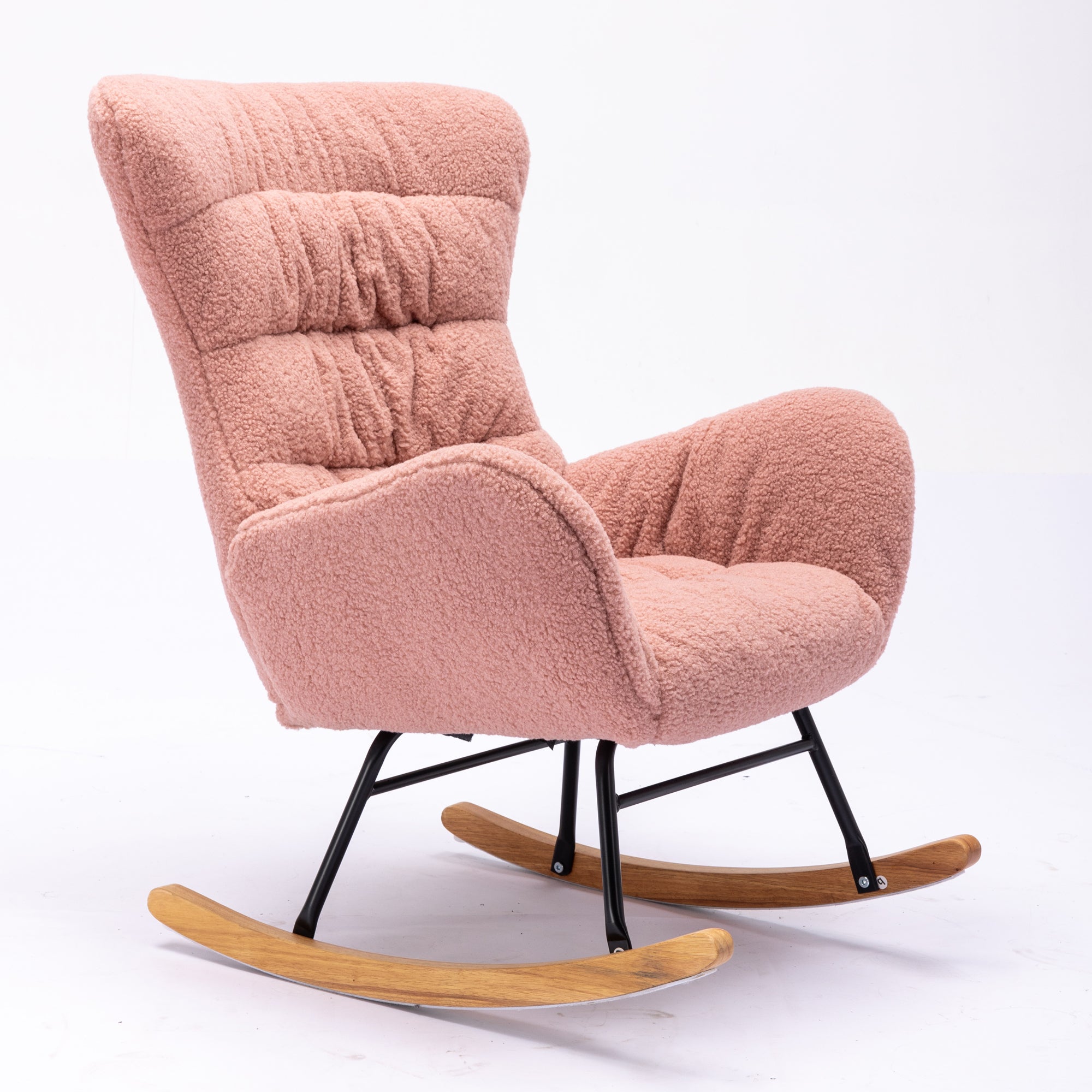 Modern Teddy Fabric Rocking Chair Accent Armchair with Wooden Legs- Pink_10