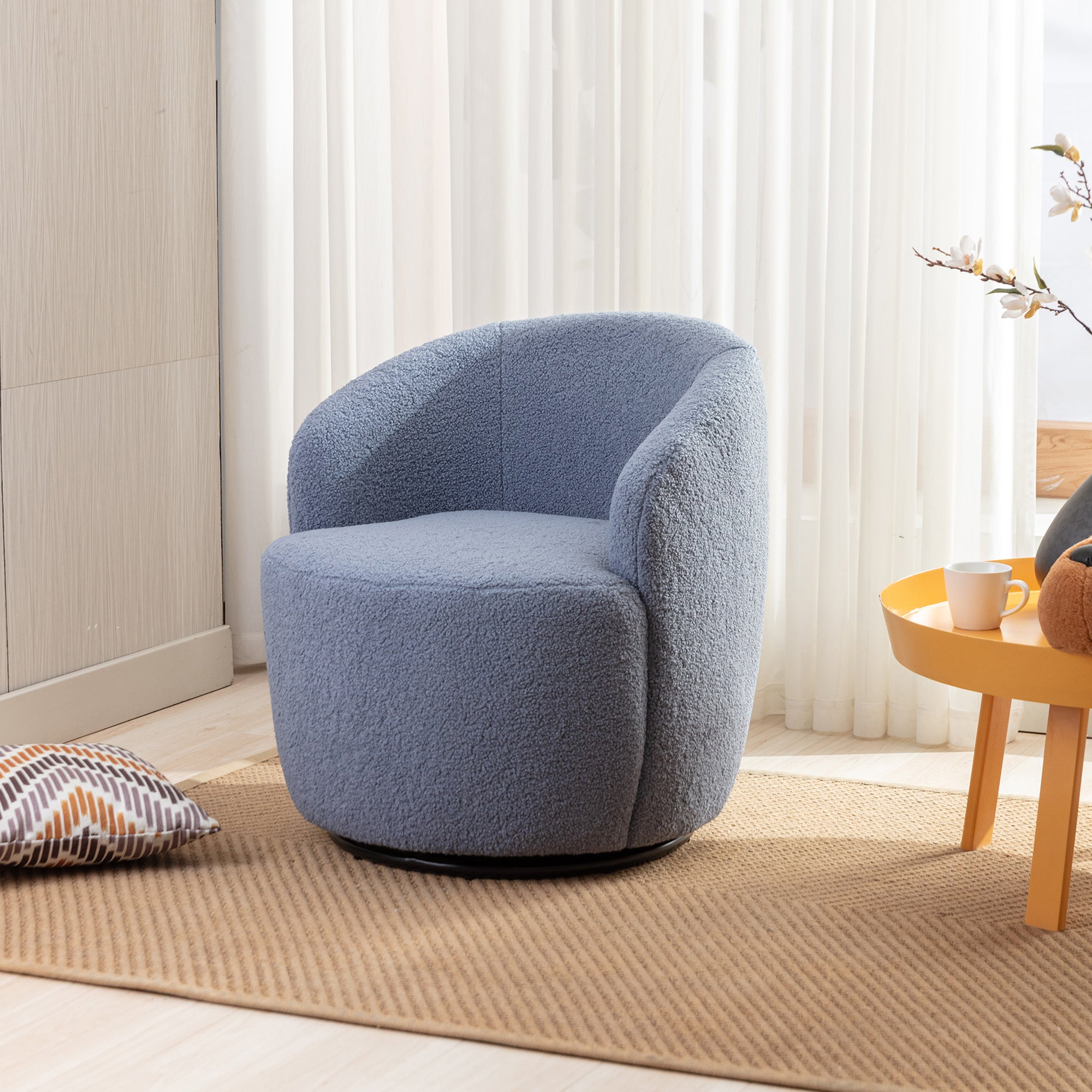 Teddy Fabric Swivel Accent Armchair Barrel Chair With Black Metal Ring- Light Blue_1