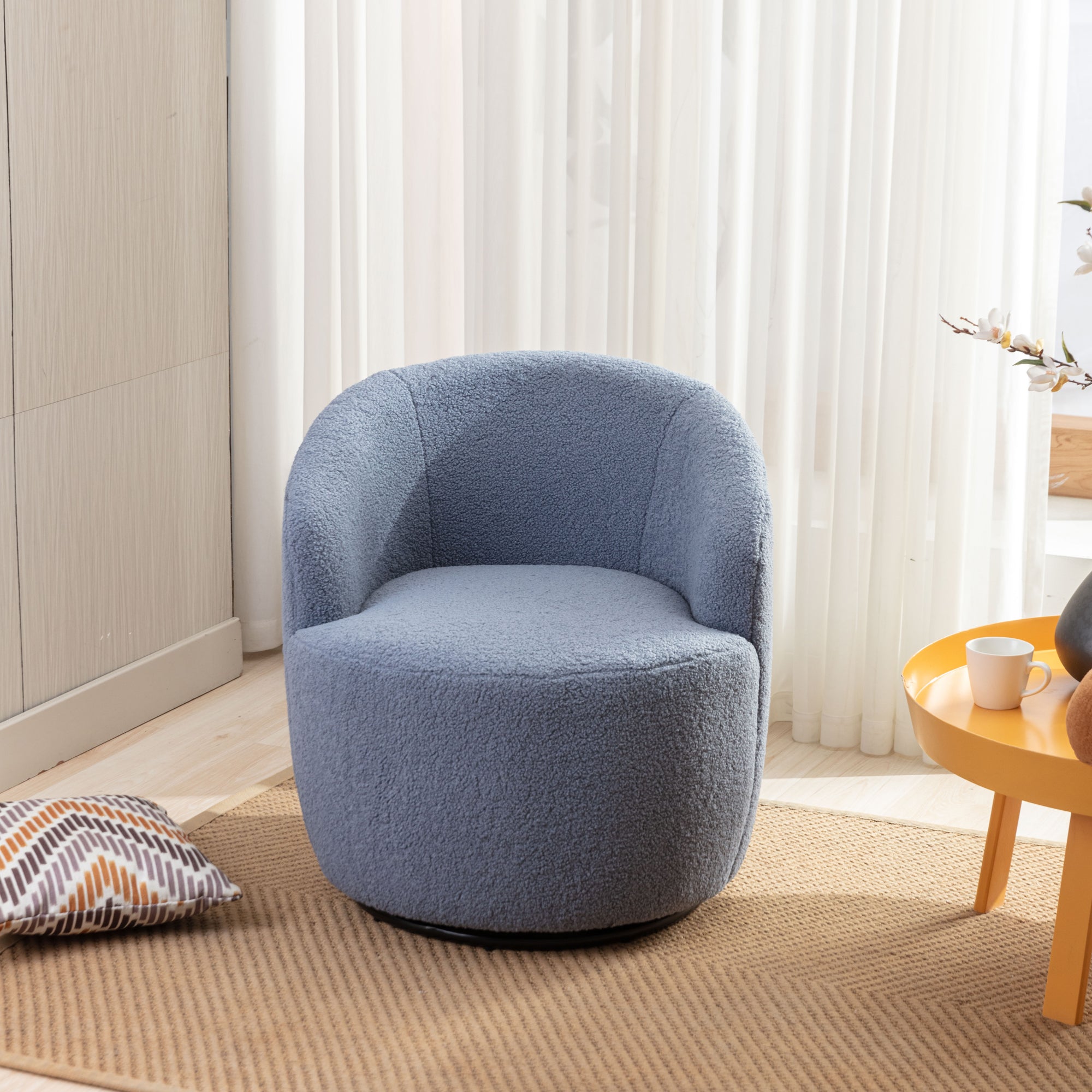 Teddy Fabric Swivel Accent Armchair Barrel Chair With Black Metal Ring- Light Blue_2
