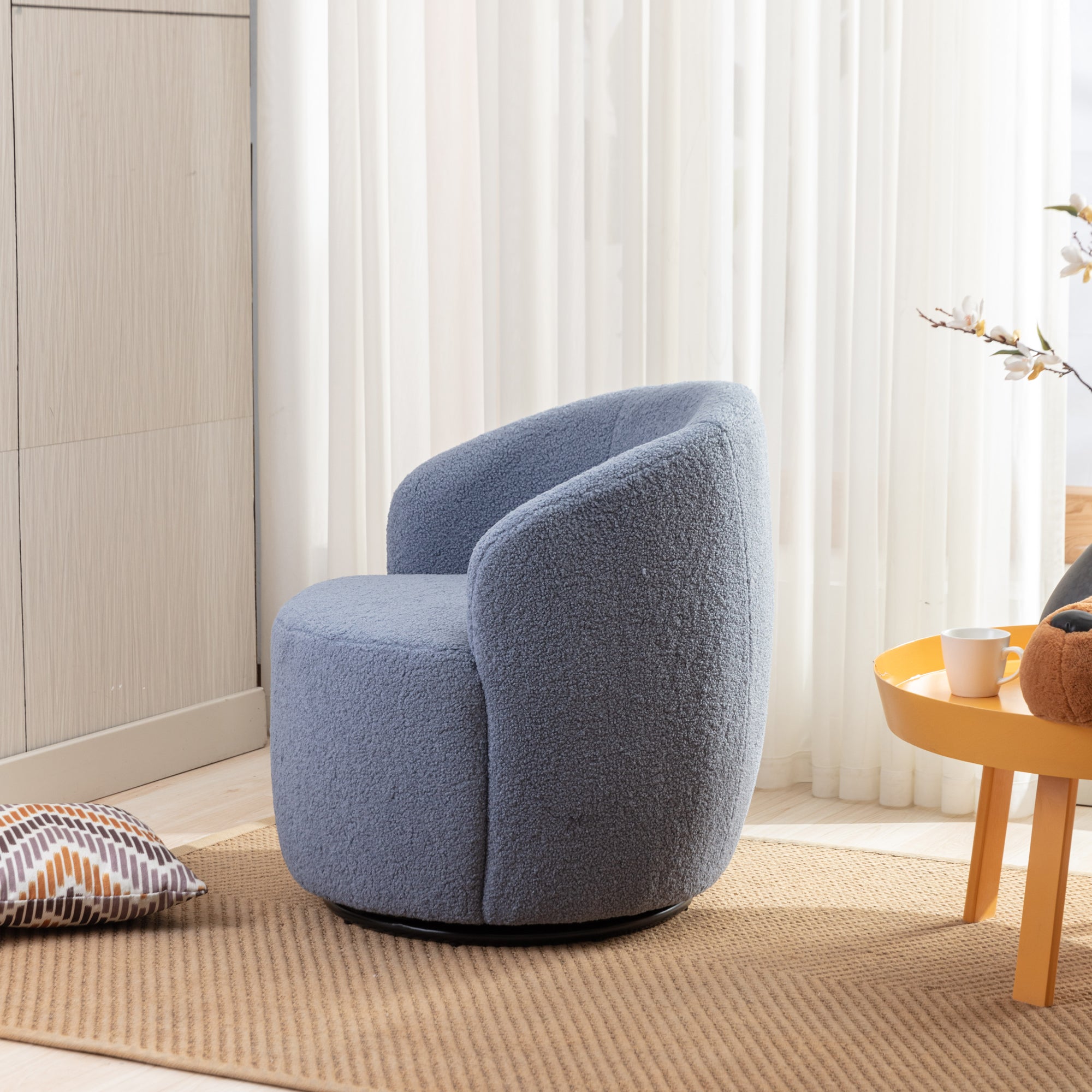 Teddy Fabric Swivel Accent Armchair Barrel Chair With Black Metal Ring- Light Blue_7