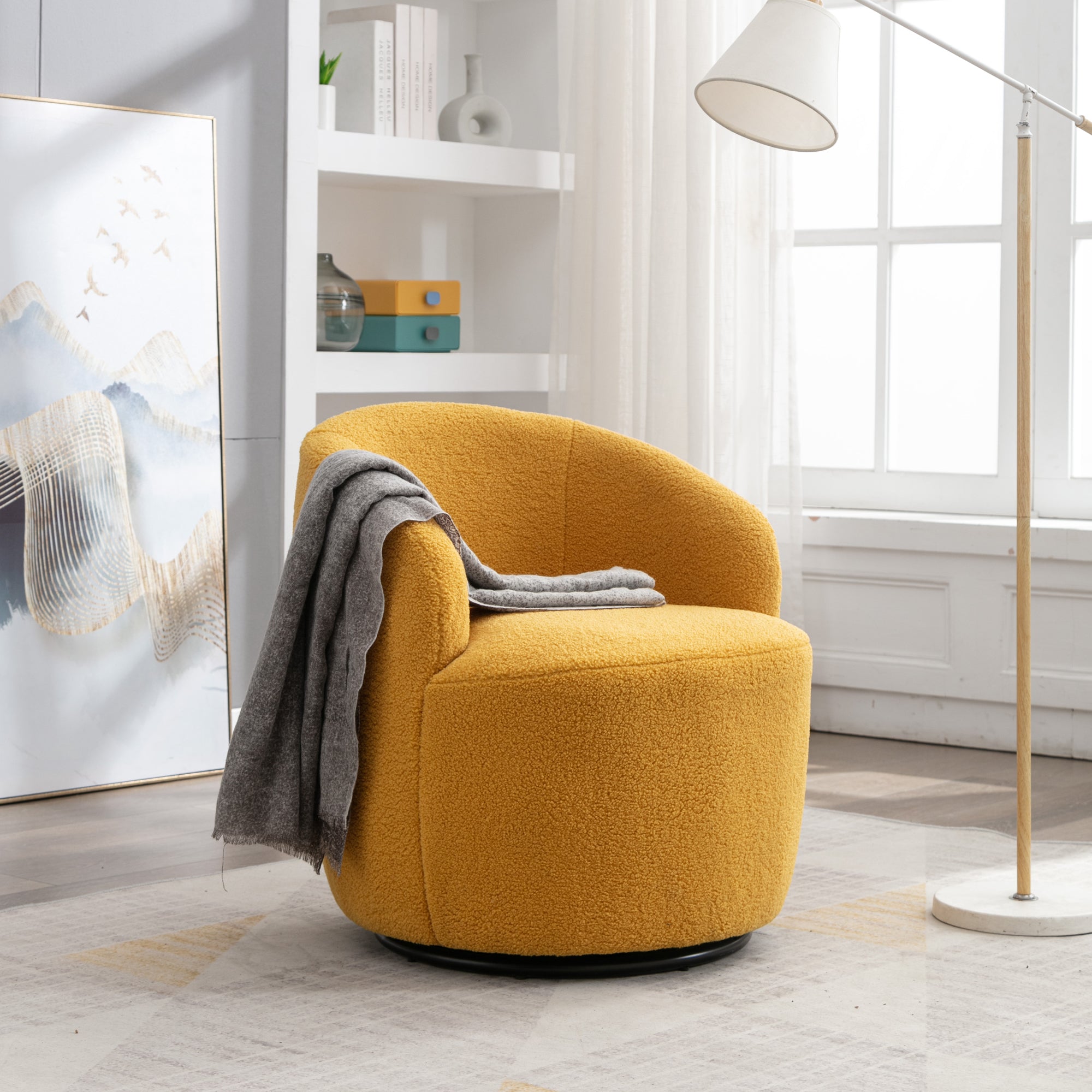 Teddy Fabric Swivel Accent Armchair Barrel Chair With Black Metal Ring- Yellow_3