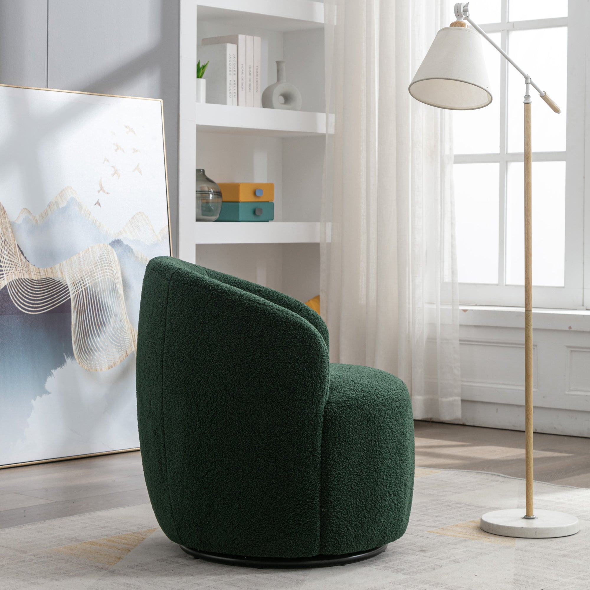 Teddy Fabric Swivel Accent Armchair Barrel Chair With Black Metal Ring- Dark Green_11