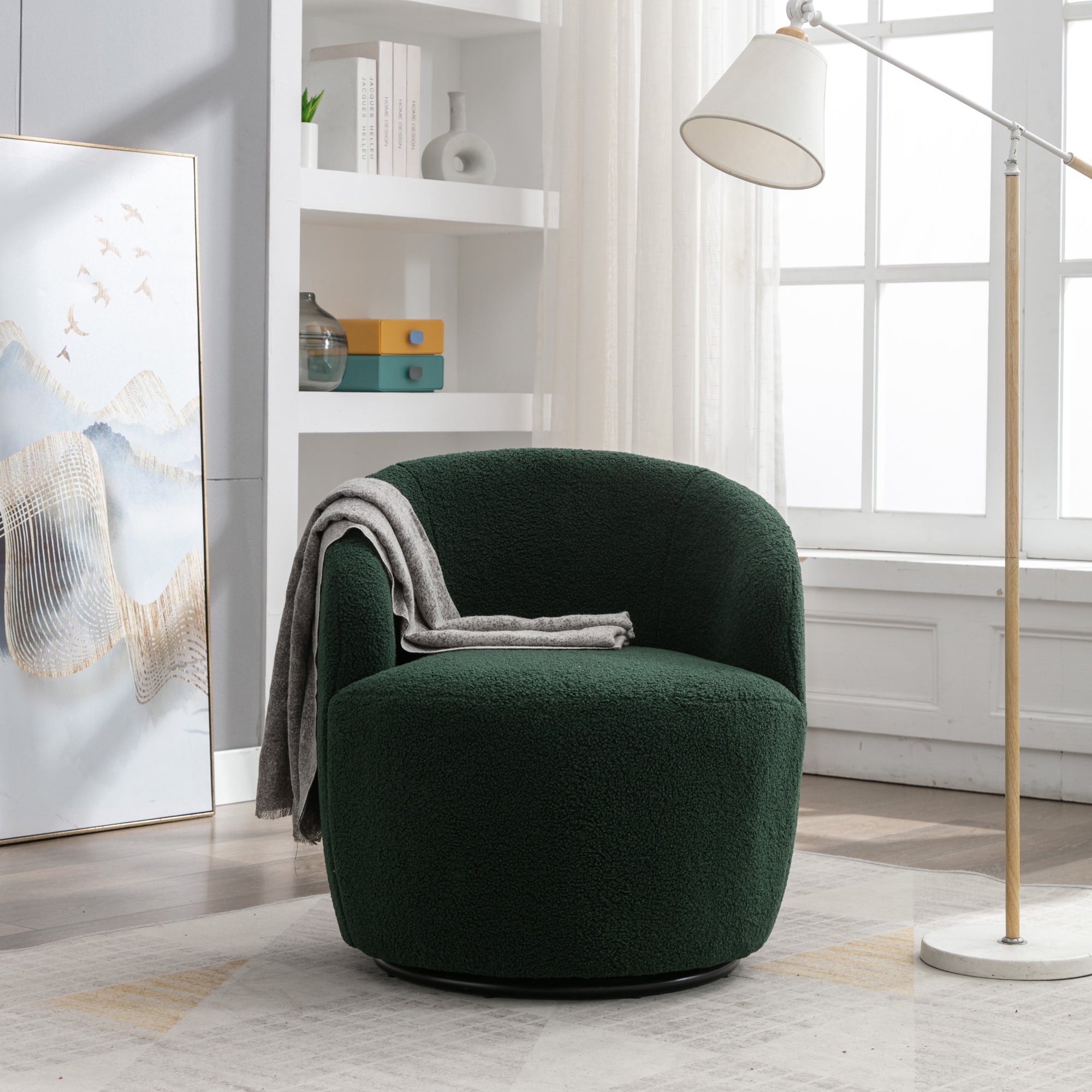 Teddy Fabric Swivel Accent Armchair Barrel Chair With Black Metal Ring- Dark Green_14