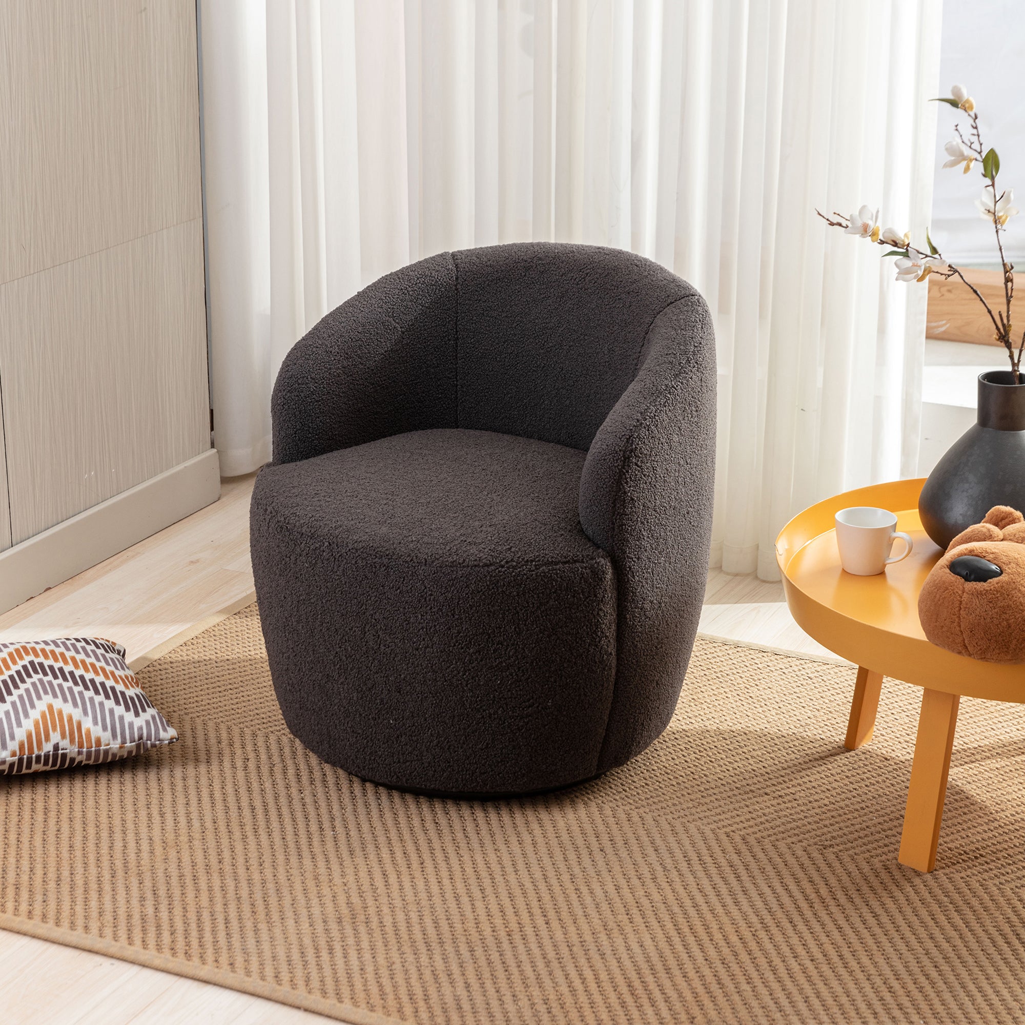 Teddy Fabric Swivel Accent Armchair Barrel Chair With Black Metal Ring- Dark Gray_1