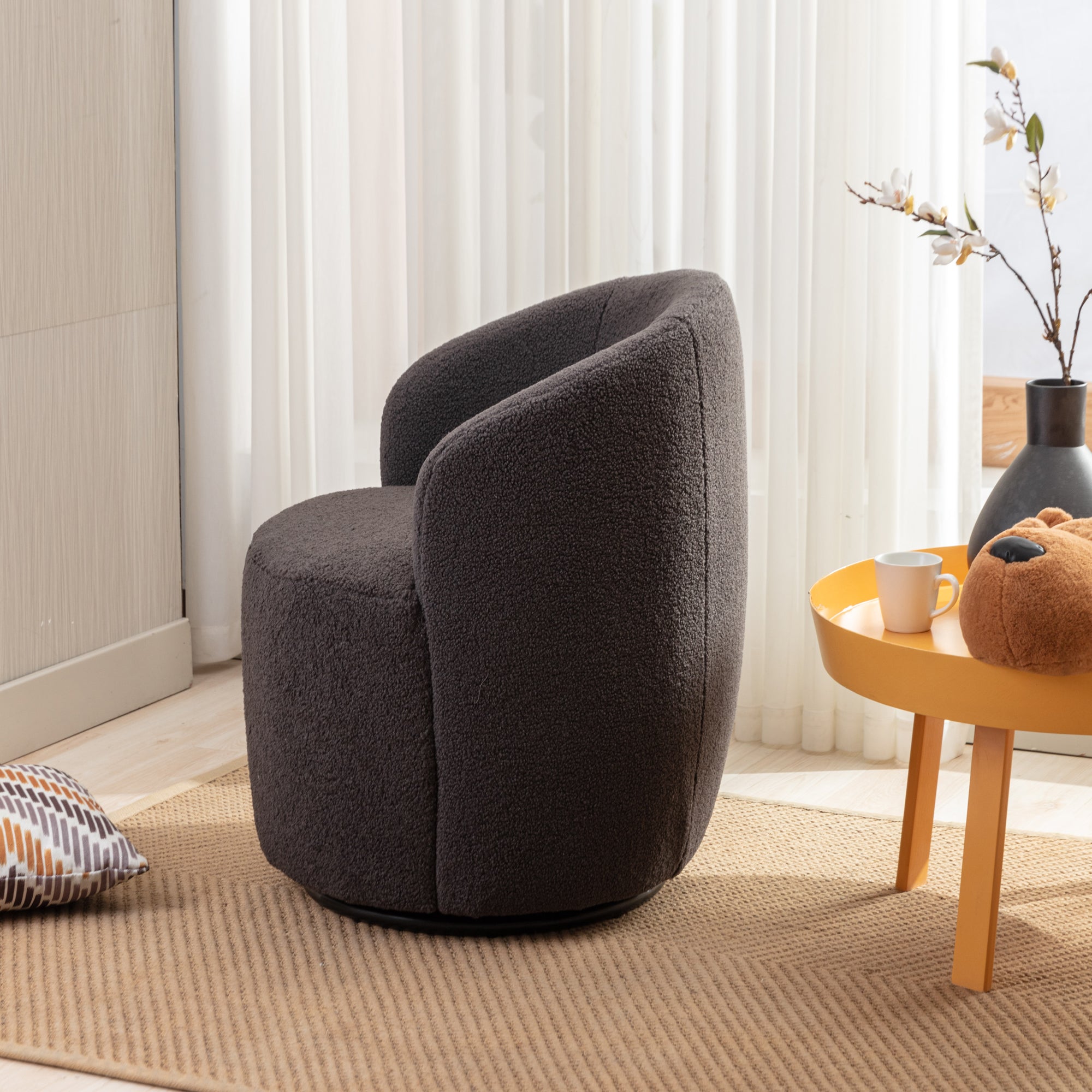 Teddy Fabric Swivel Accent Armchair Barrel Chair With Black Metal Ring- Dark Gray_10