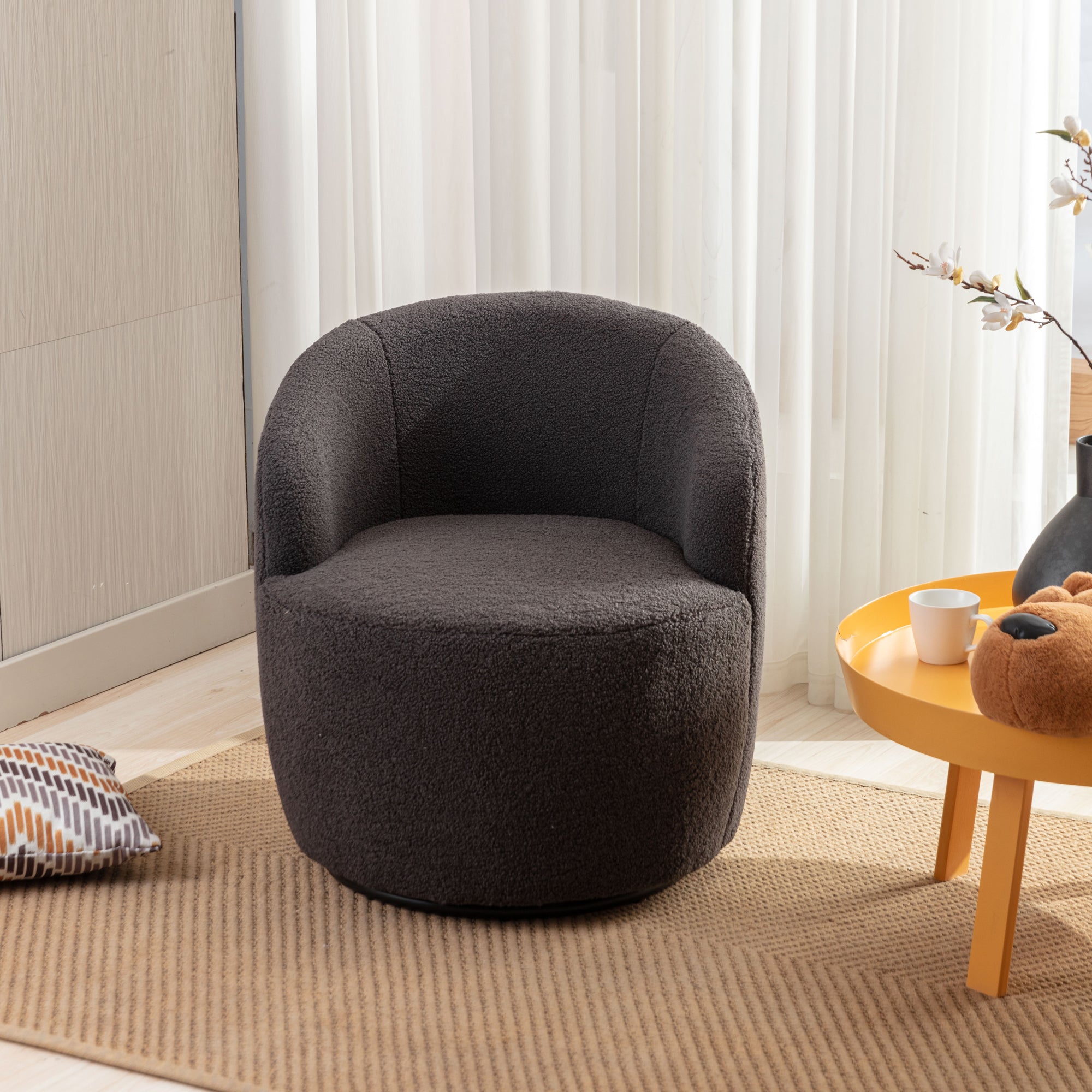 Teddy Fabric Swivel Accent Armchair Barrel Chair With Black Metal Ring- Dark Gray_11