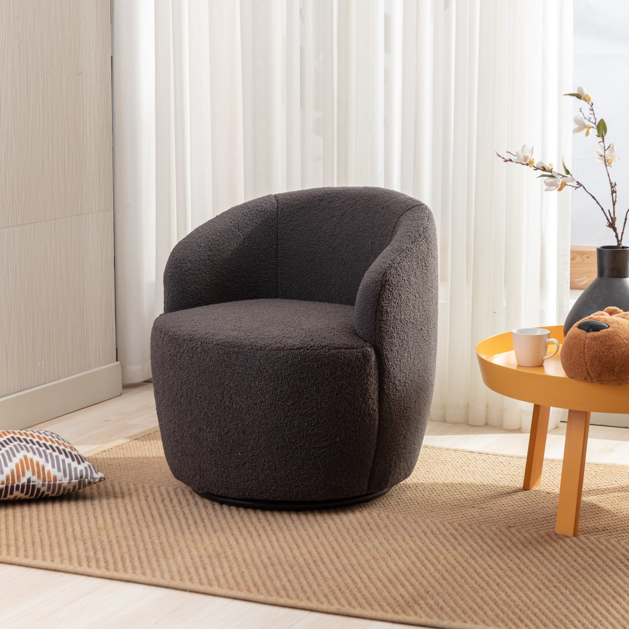 Teddy Fabric Swivel Accent Armchair Barrel Chair With Black Metal Ring- Dark Gray_6