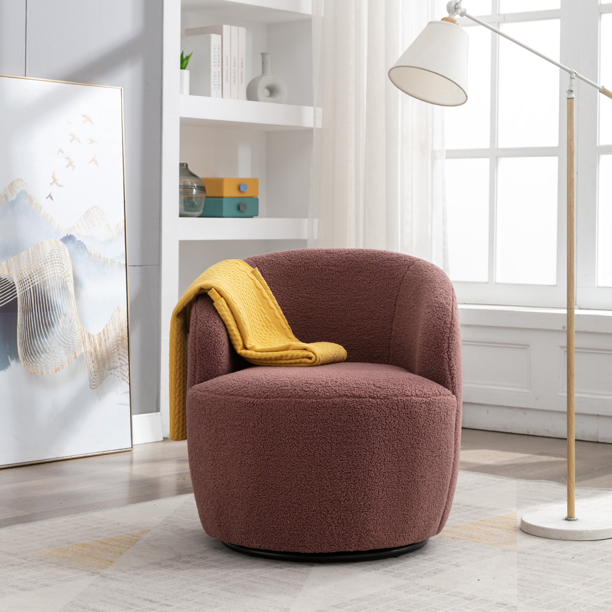 Teddy Fabric Swivel Accent Armchair Barrel Chair With Black Metal Ring- Dark Red_10