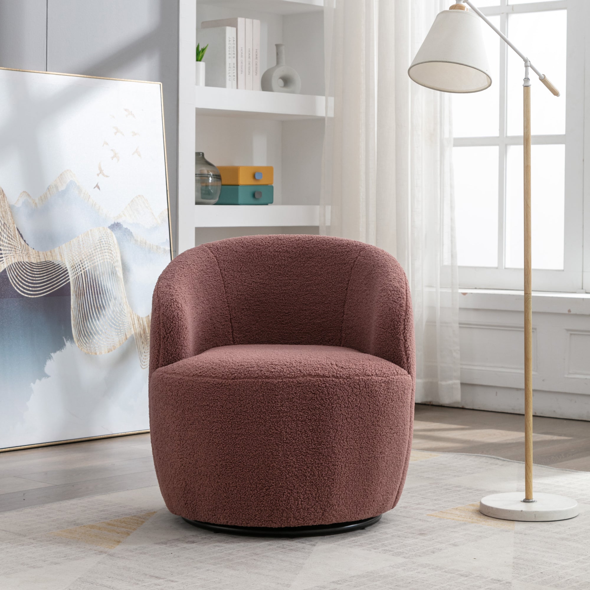 Teddy Fabric Swivel Accent Armchair Barrel Chair With Black Metal Ring- Dark Red_11