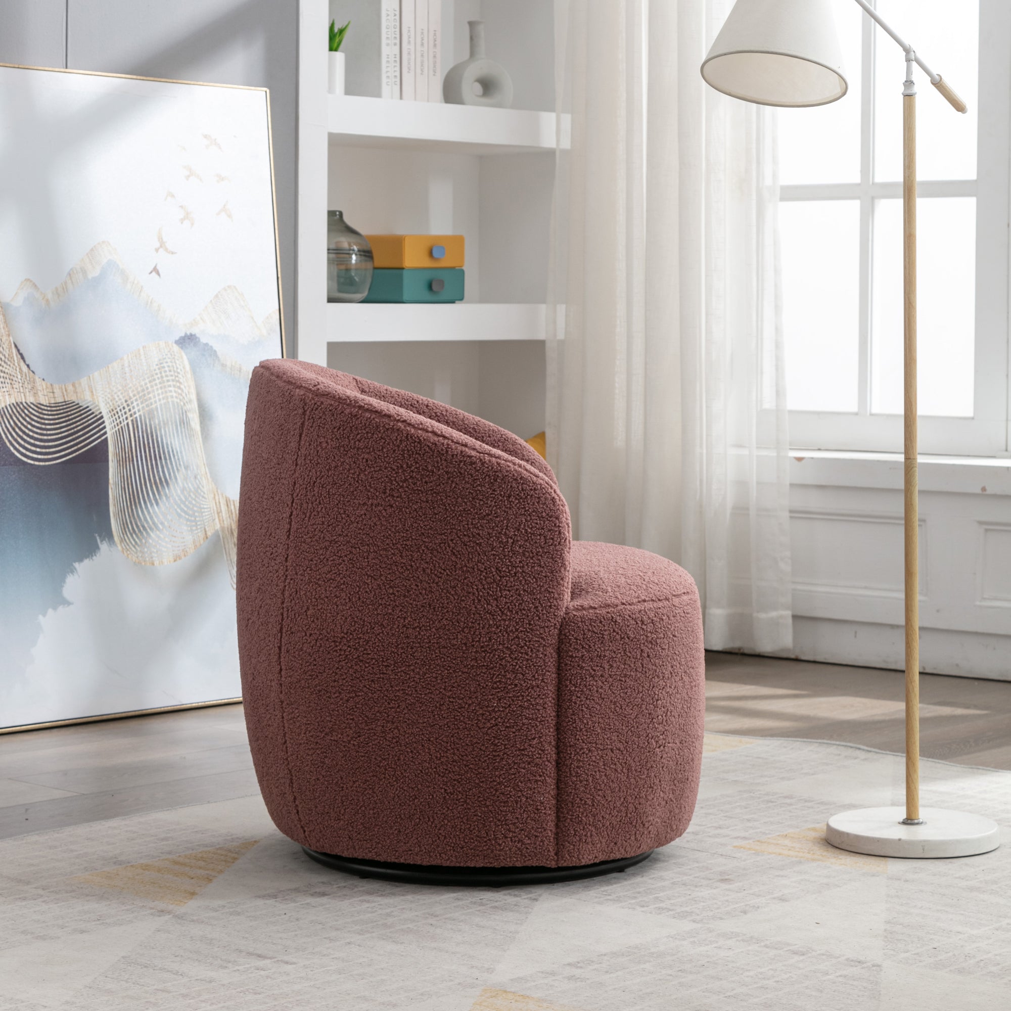 Teddy Fabric Swivel Accent Armchair Barrel Chair With Black Metal Ring- Dark Red_12