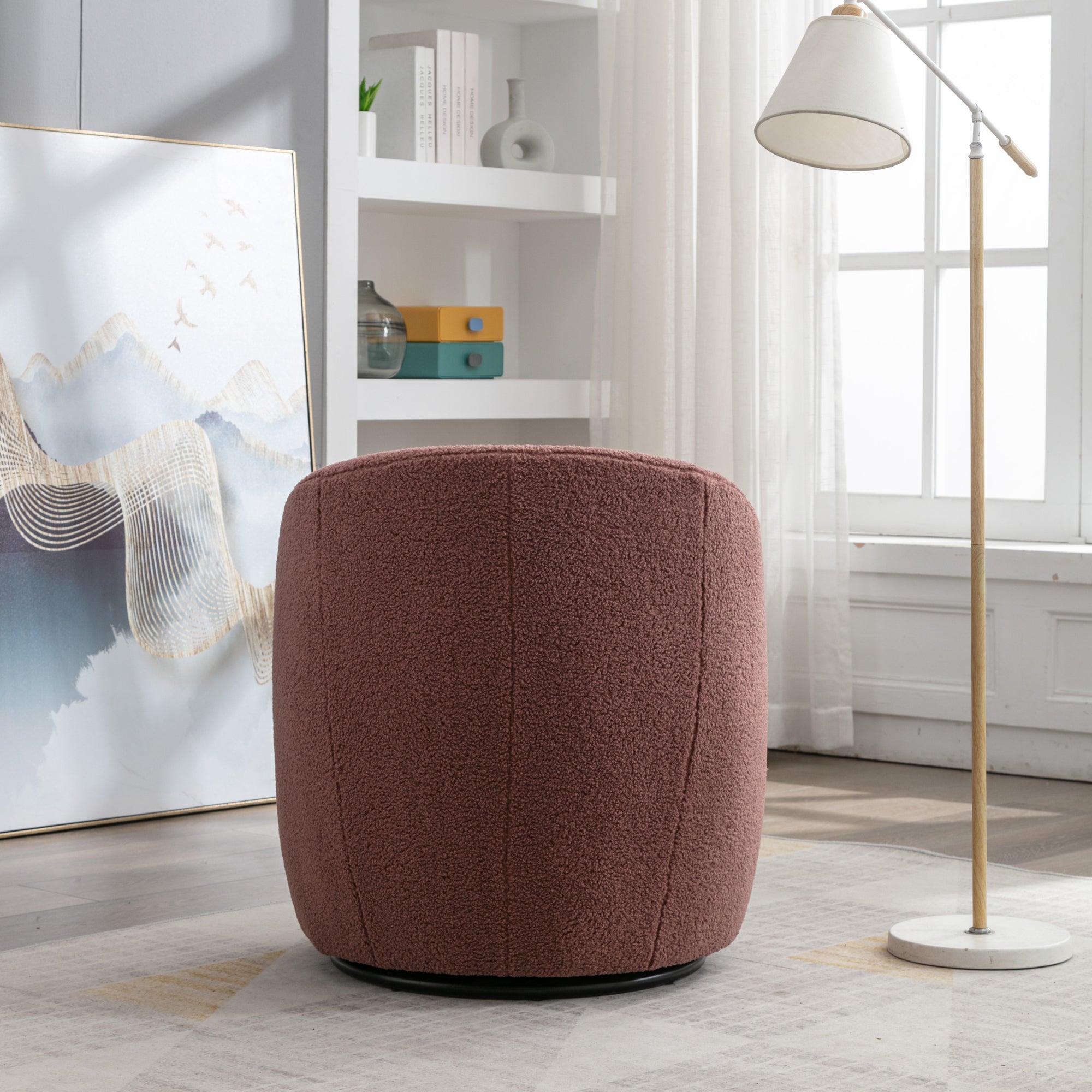 Teddy Fabric Swivel Accent Armchair Barrel Chair With Black Metal Ring- Dark Red_6