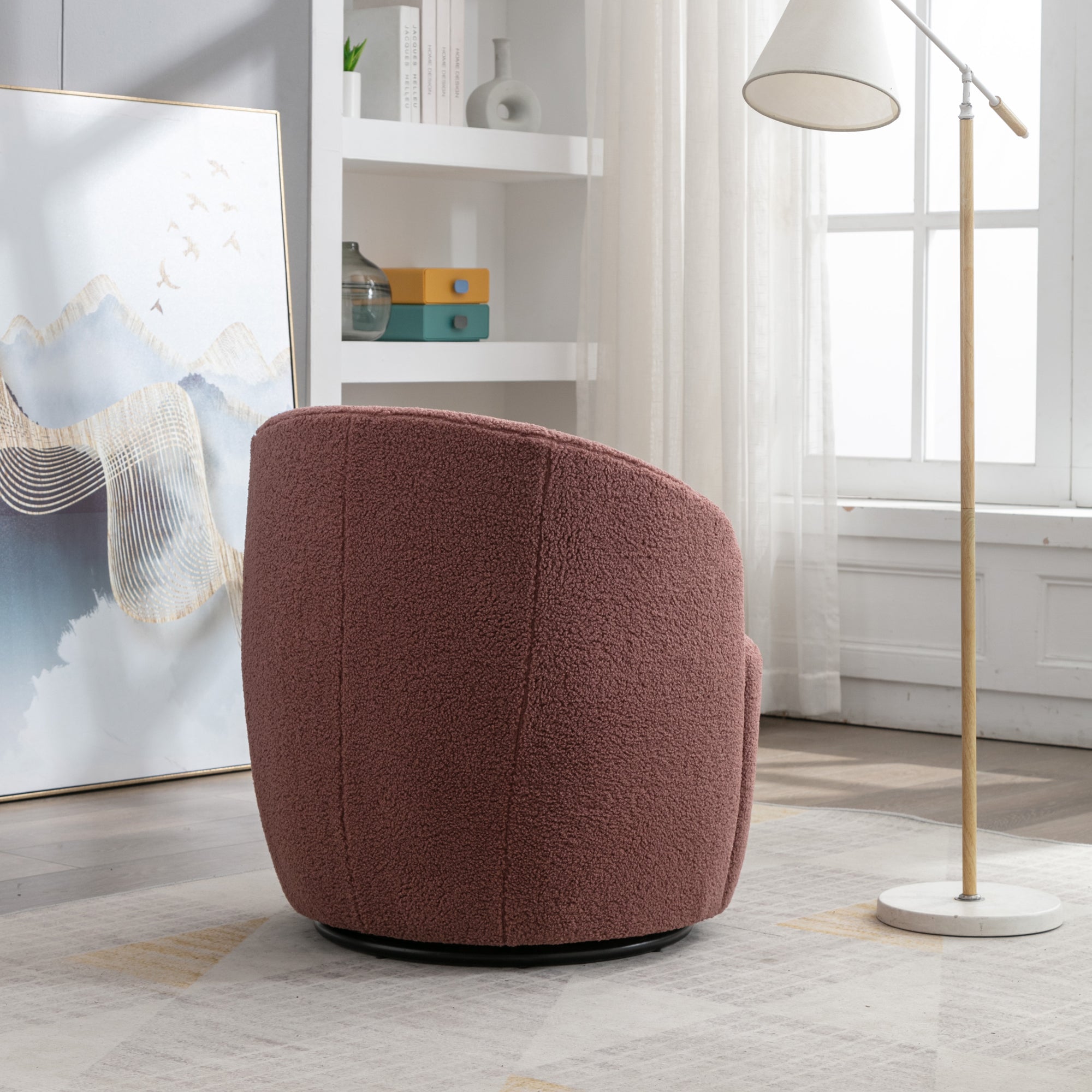 Teddy Fabric Swivel Accent Armchair Barrel Chair With Black Metal Ring- Dark Red_9