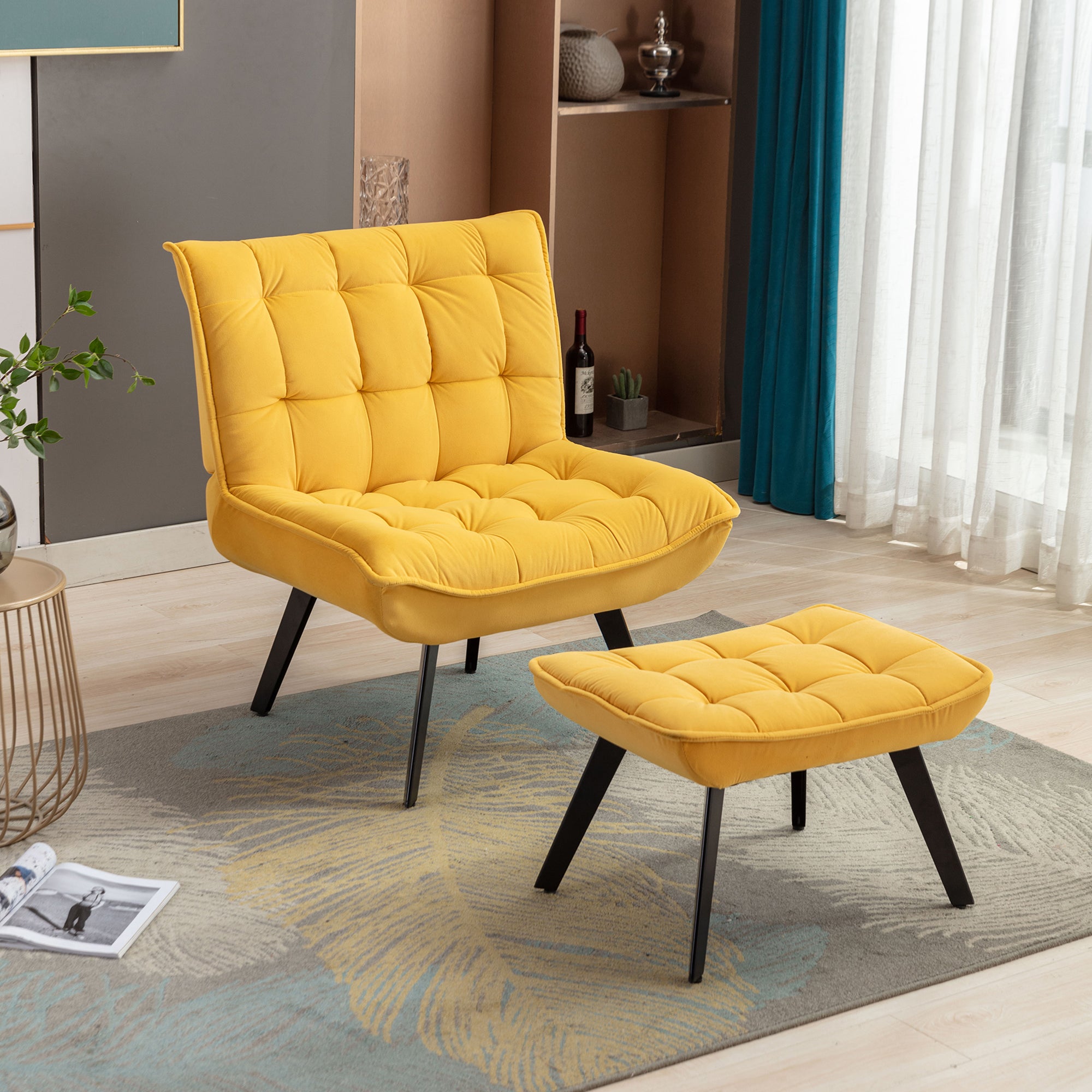 Modern Velvet Fabric Ottoman Lounge Chair with Metal Legs & Footrest Set- Yellow_1