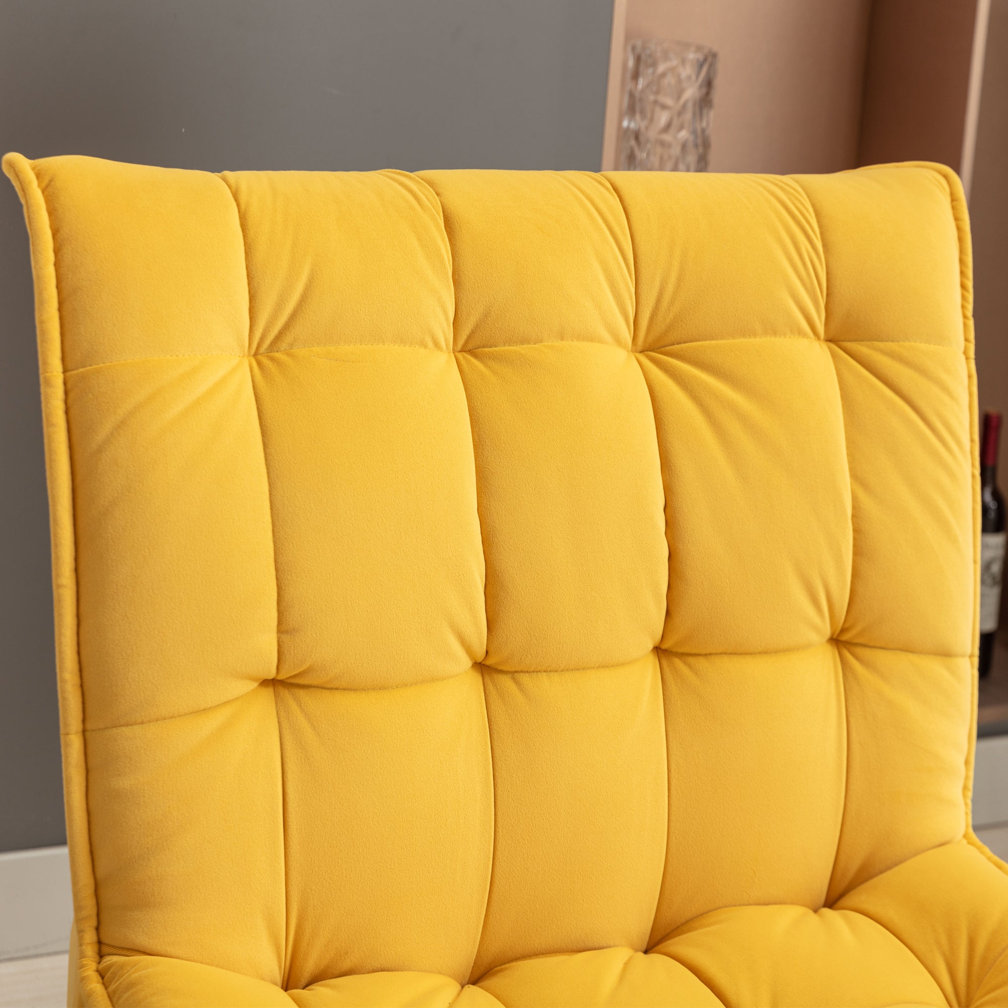 Modern Velvet Fabric Ottoman Lounge Chair with Metal Legs & Footrest Set- Yellow_10