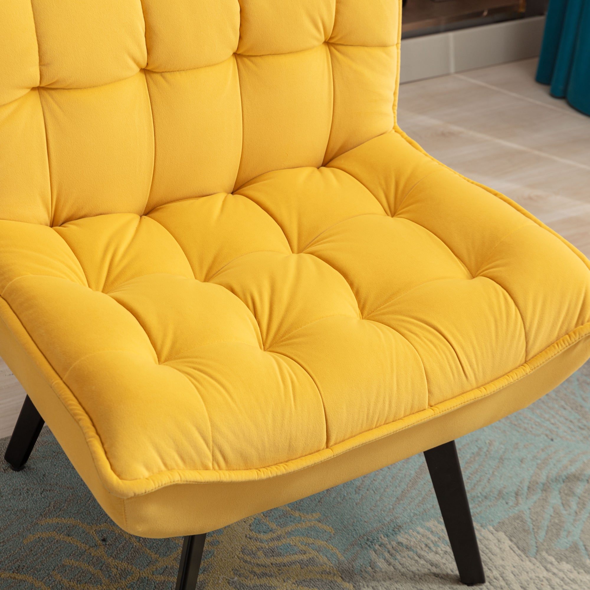 Modern Velvet Fabric Ottoman Lounge Chair with Metal Legs & Footrest Set- Yellow_11