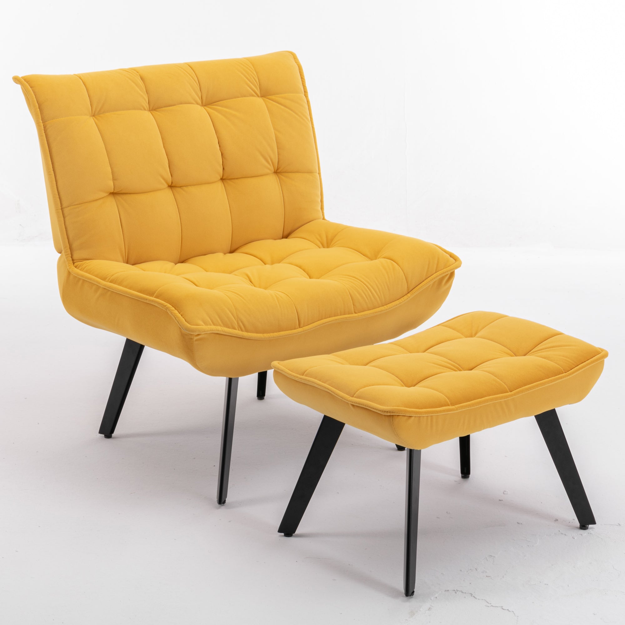 Modern Velvet Fabric Ottoman Lounge Chair with Metal Legs & Footrest Set- Yellow_13