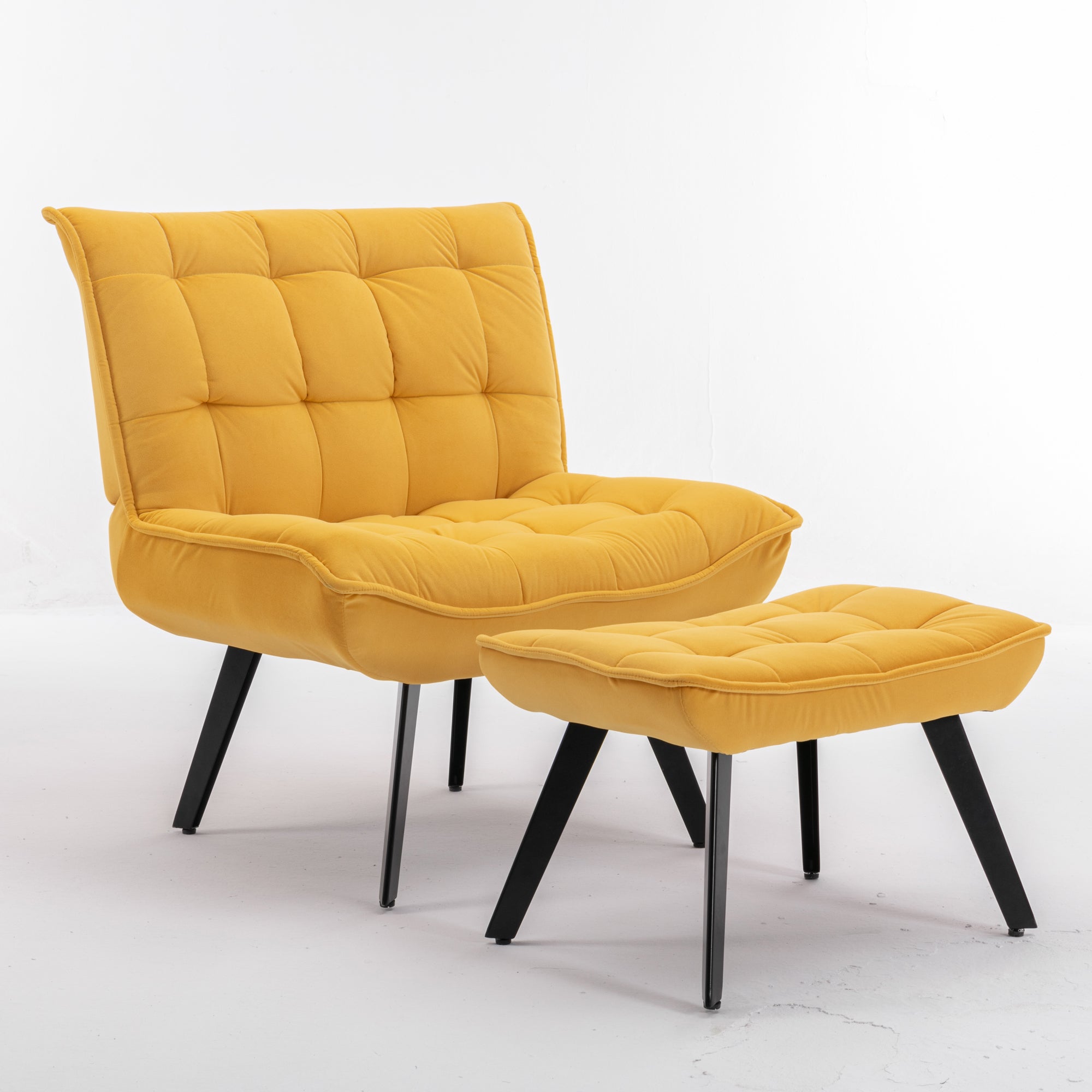 Modern Velvet Fabric Ottoman Lounge Chair with Metal Legs & Footrest Set- Yellow_14